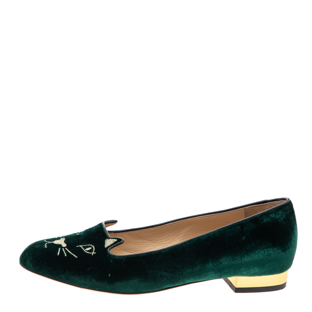 

Charlotte Olympia Dark Green Velvet Kitty Ballet Flats Size