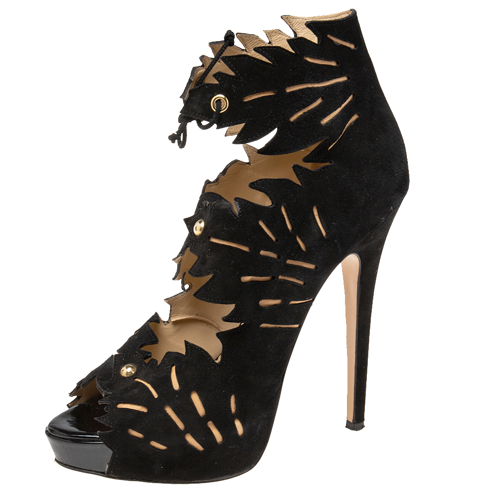 

Charlotte Olympia Black Suede Eve Leaf Cutout Ankle Booties Size