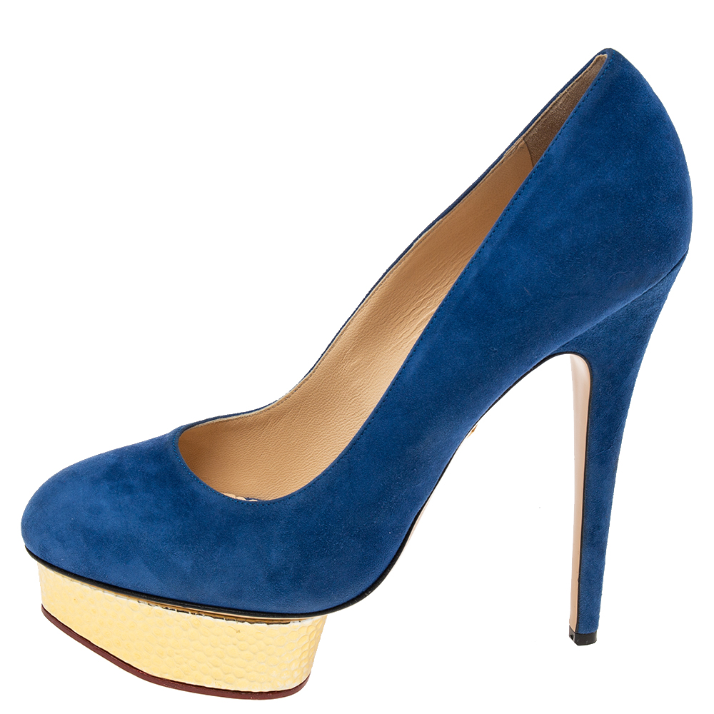 

Charlotte Olympia Blue Suede Dolly Platform Pumps Size