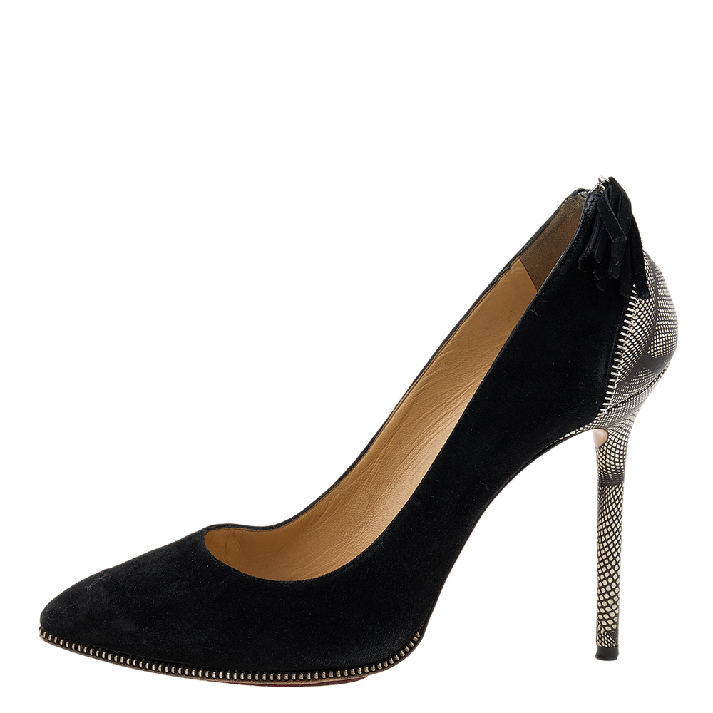 

Charlotte Olympia Black Suede Monroe Zip Detail Pointed Toe Pumps Size