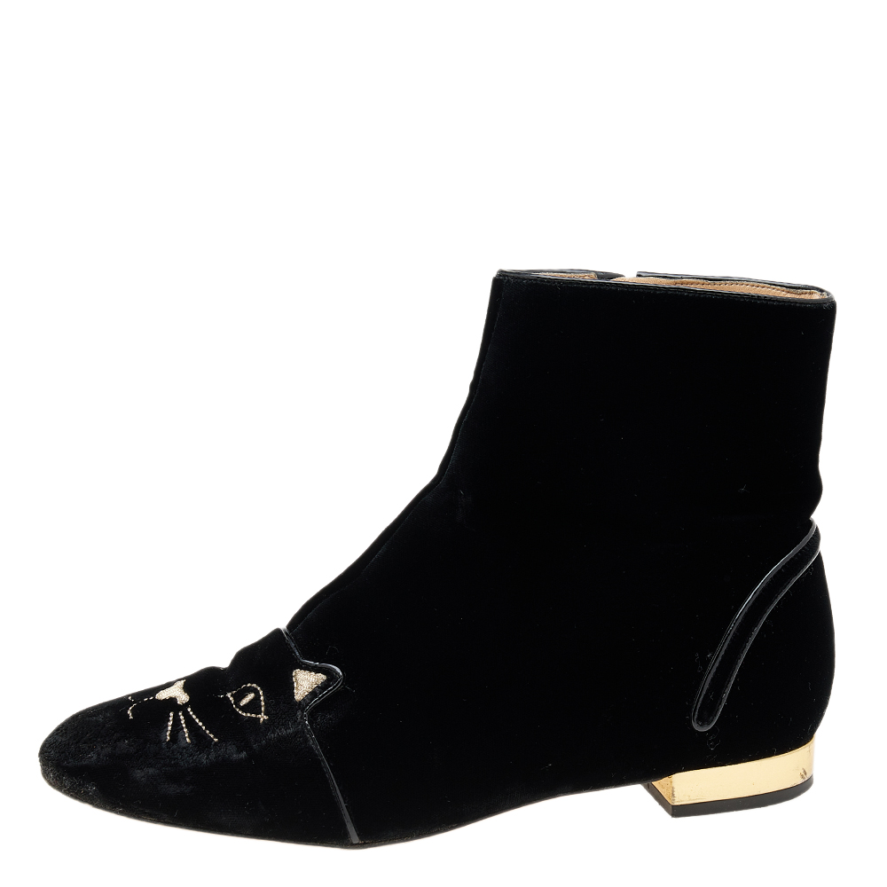 

Charlotte Olympia Black Velvet Cat Embroidered Ankle Boots Size