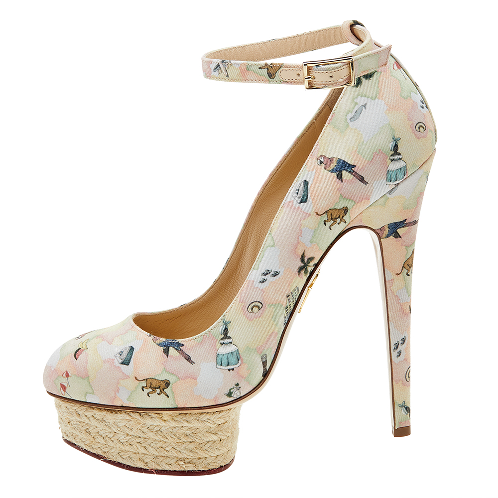 

Charlotte Olympia Multicolor Discover Brazil Print Canvas Dolores Ankle Strap Platform Pumps Size