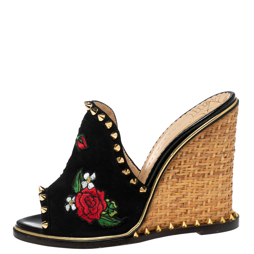 

Charlotte Olympia Black Suede Gail Floral Embroidered Open Toe Wedge Sandals Size