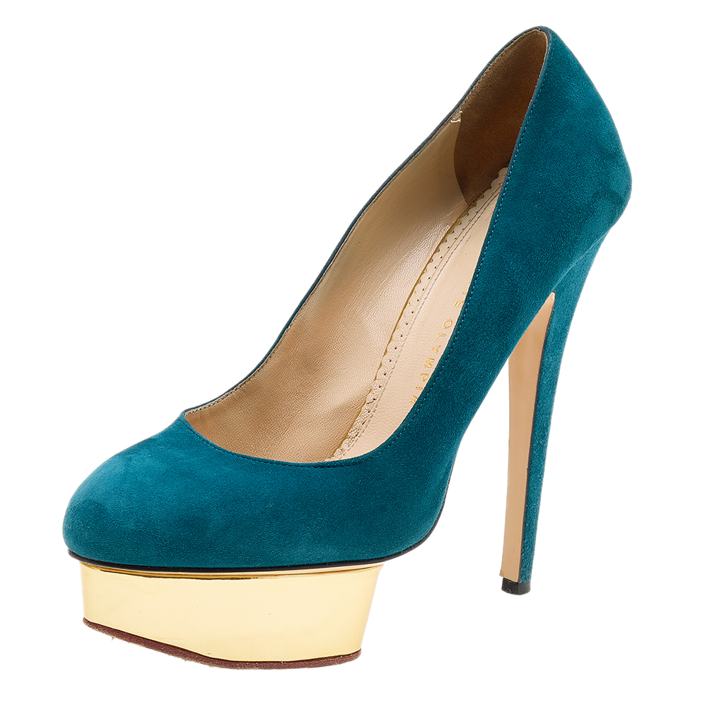 

Charlotte Olympia Teal Blue Suede Dolly Platform Pumps Size