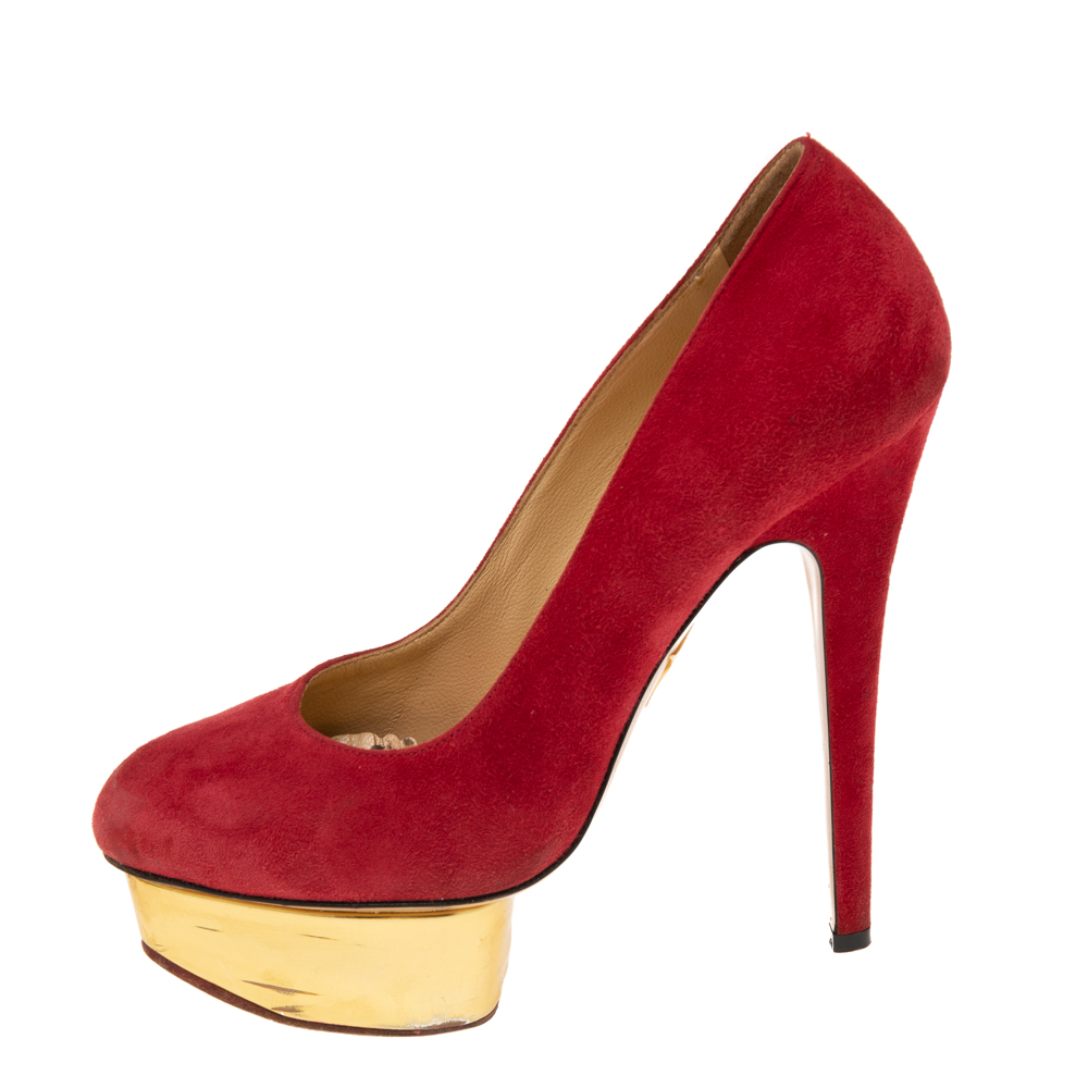 

Charlotte Olympia Red Suede Dolly Platform Pumps Size
