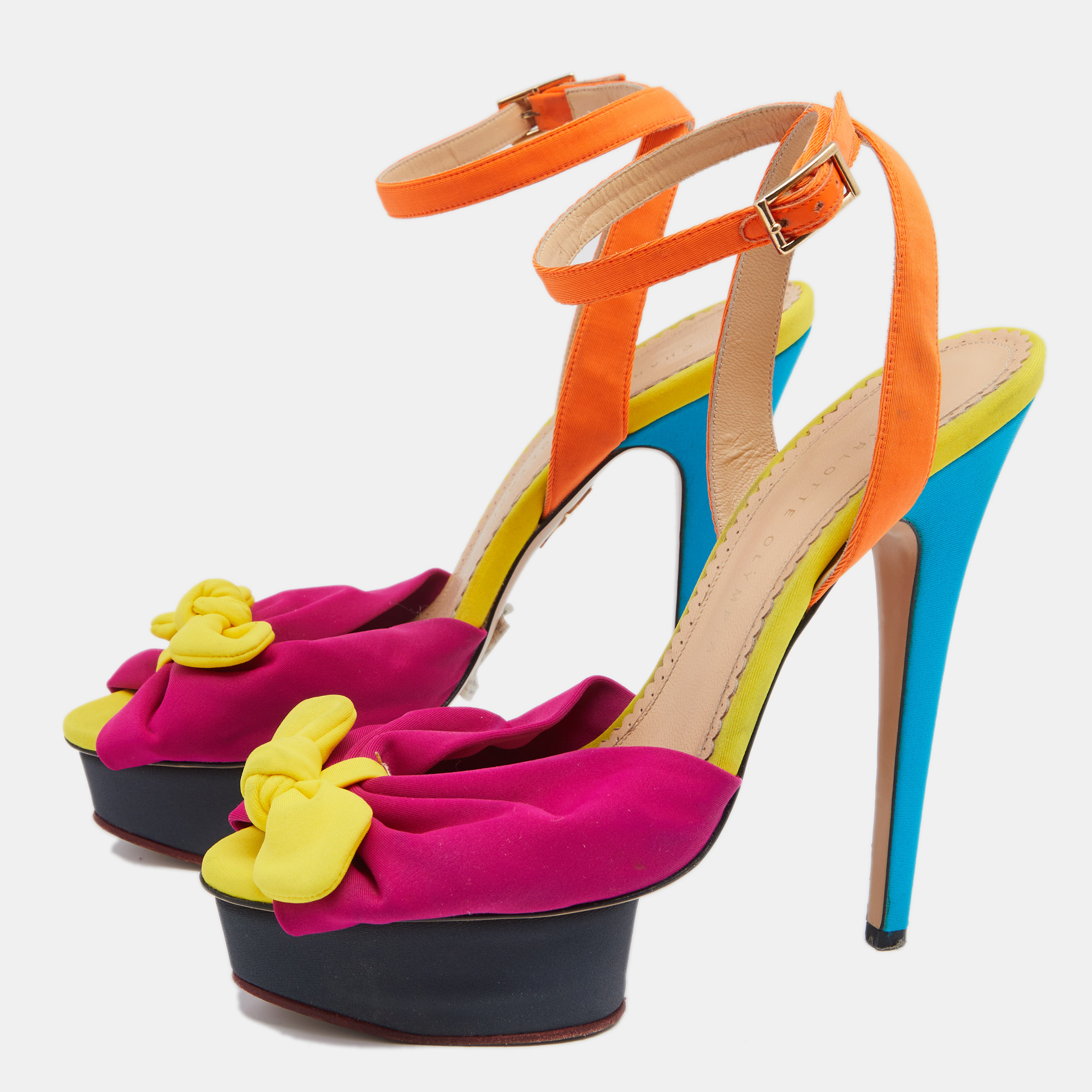 

Charlotte Olympia Multicolor Canvas Platform Ankle Strap Sandals Size