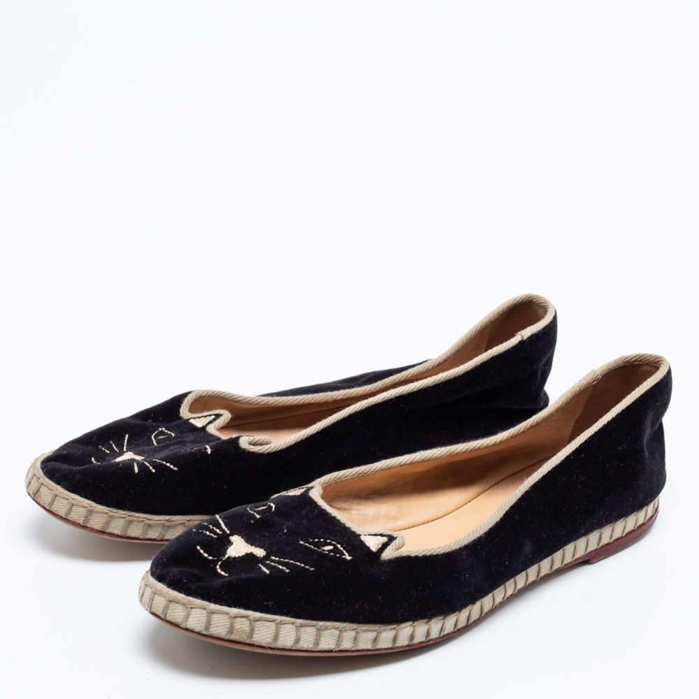 

Charlotte Olympia Black Velvet Kitty Slip On Flats Size