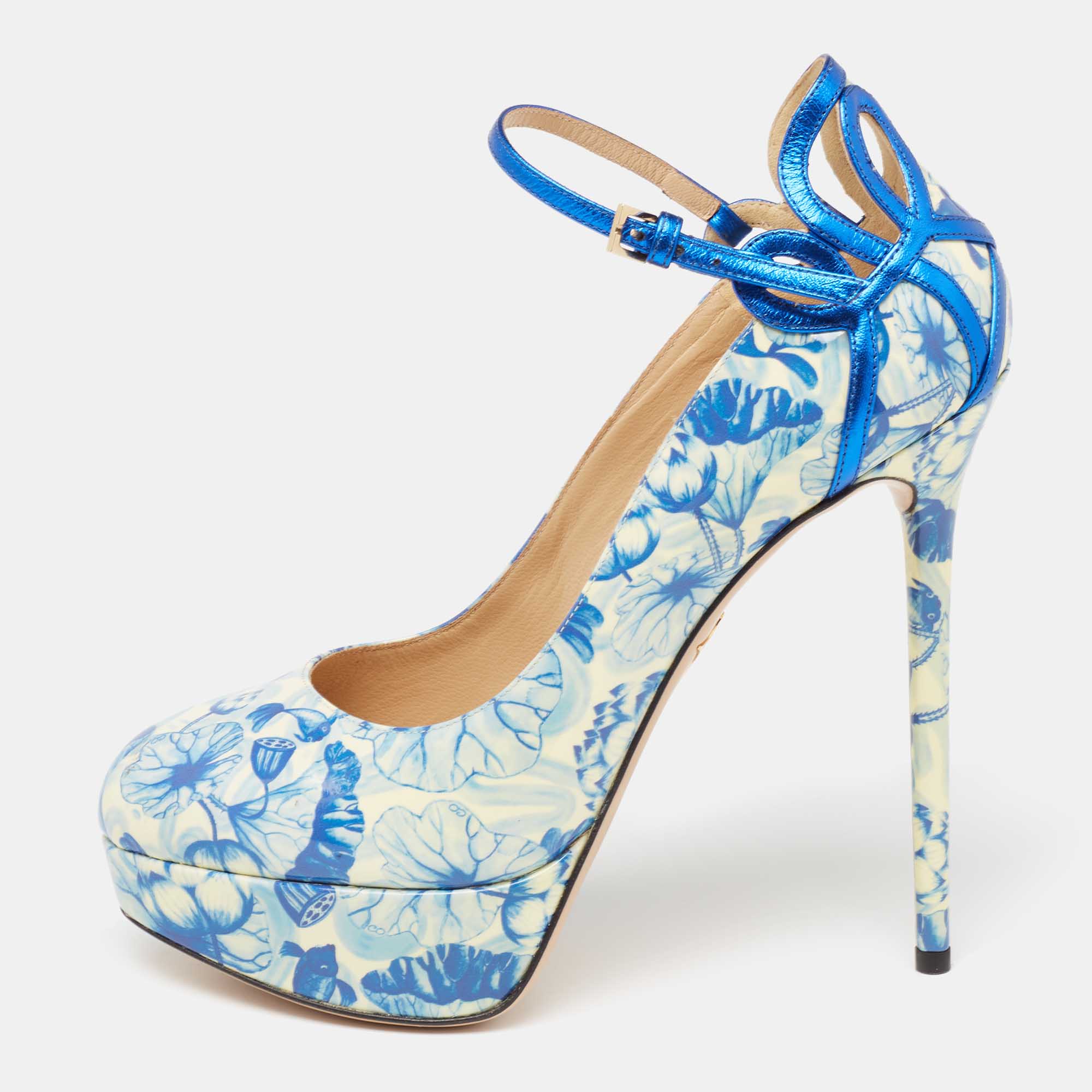 

Charlotte Olympia Blue/White Ming Koi Carp Print Patent Leather Ankle Strap Pumps