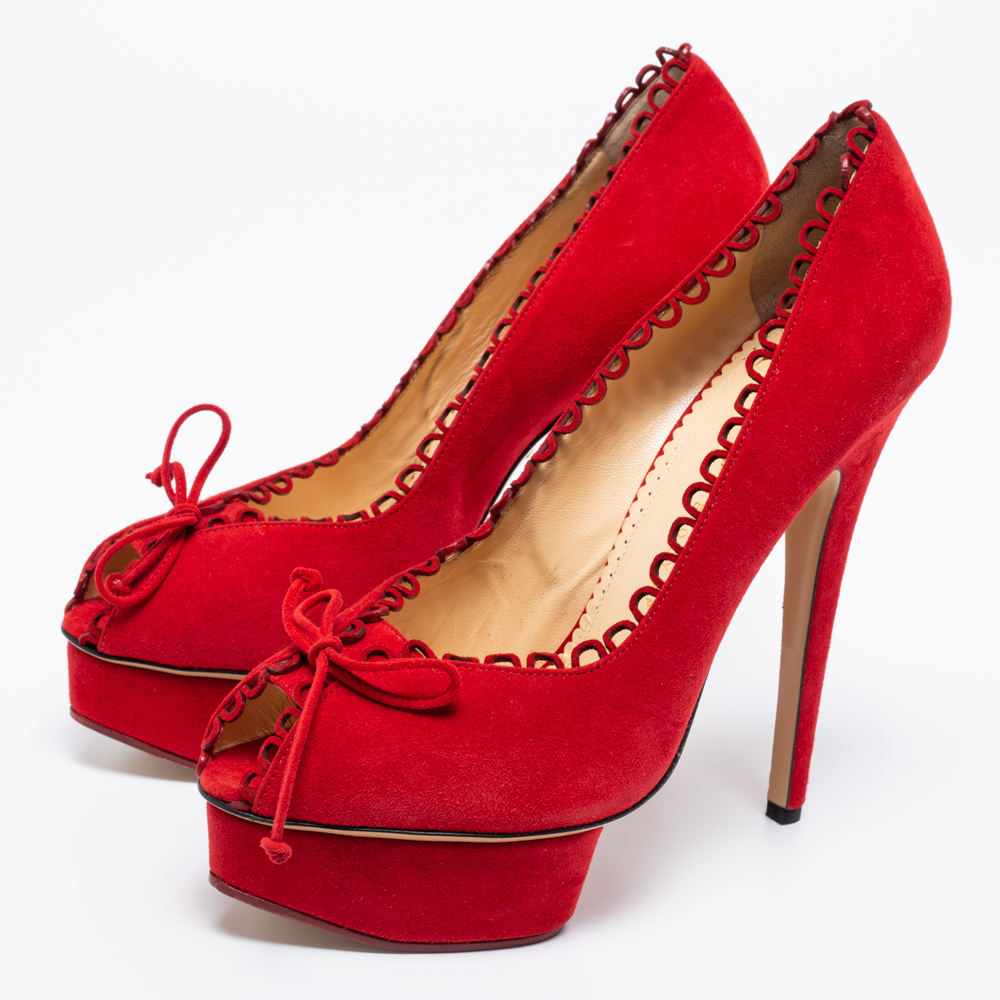 

Charlotte Olympia Red Suede Daphne Scalloped Platform Pumps Size