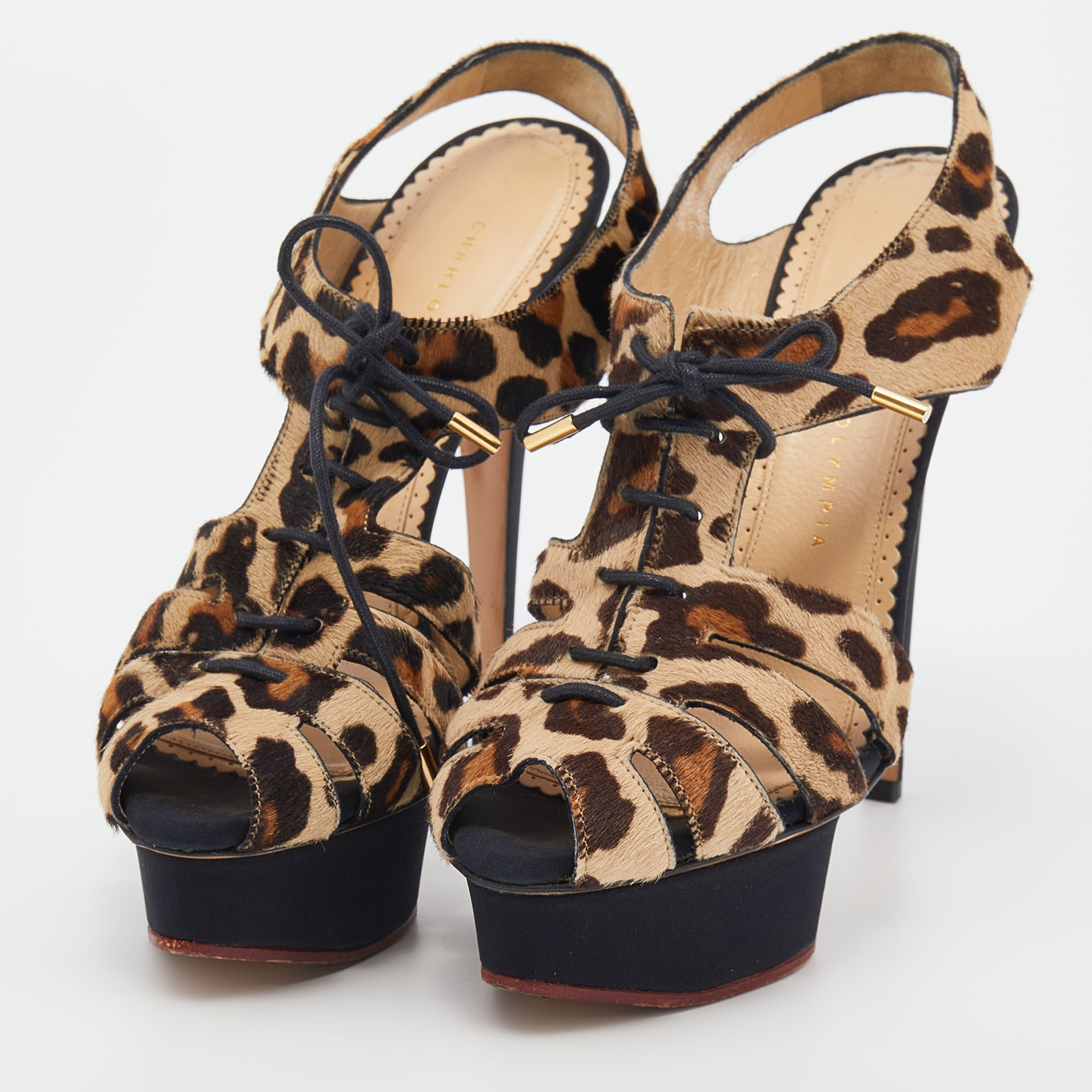 

Charlotte Olympia Beige Leopard Calfhair Lace Up Platform Sandals