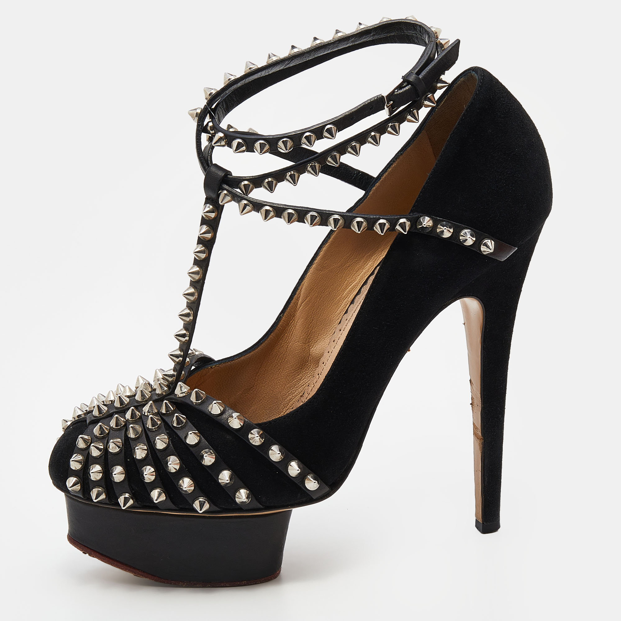 

Charlotte Olympia Black Suede Studded Strappy Ankle Strap Platform Sandals Size 38