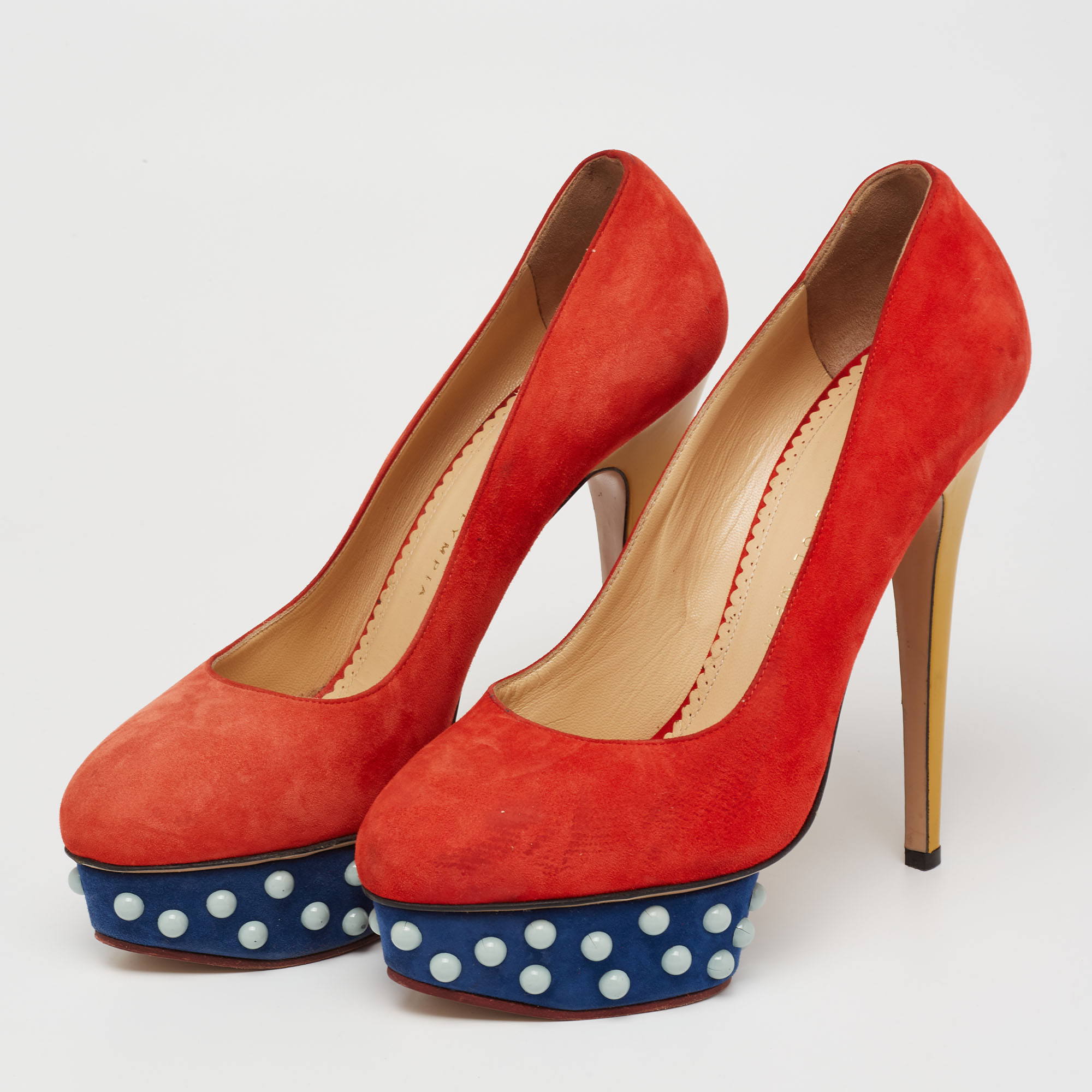 

Charlotte Olympia Orange Suede Dolly Studded Platform Pumps Size