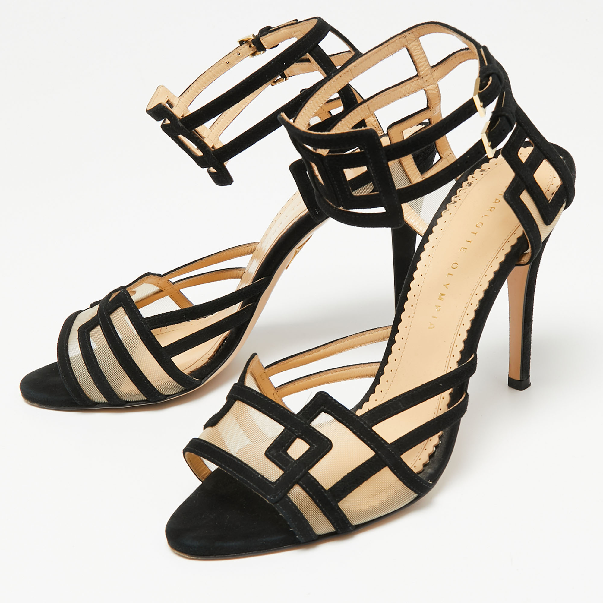 

Charlotte Olympia Black Suede And Net Ankle Strap Sandals Size