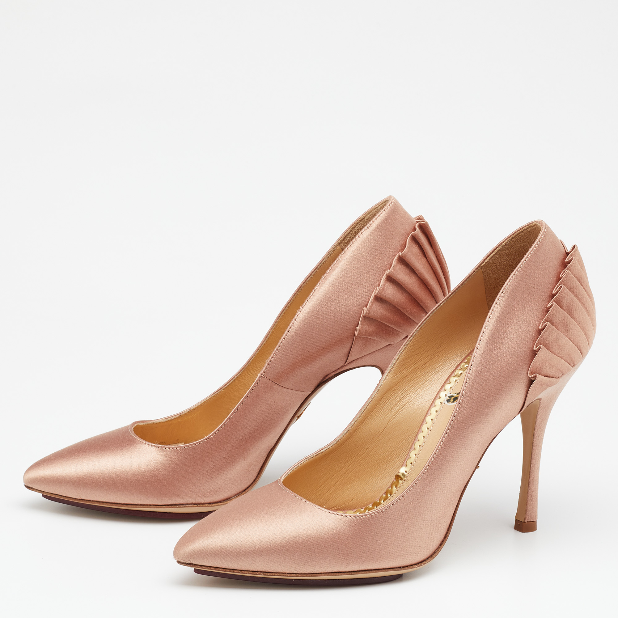 

Charlotte Olympia Beige Satin Blake Pleated Pumps Size