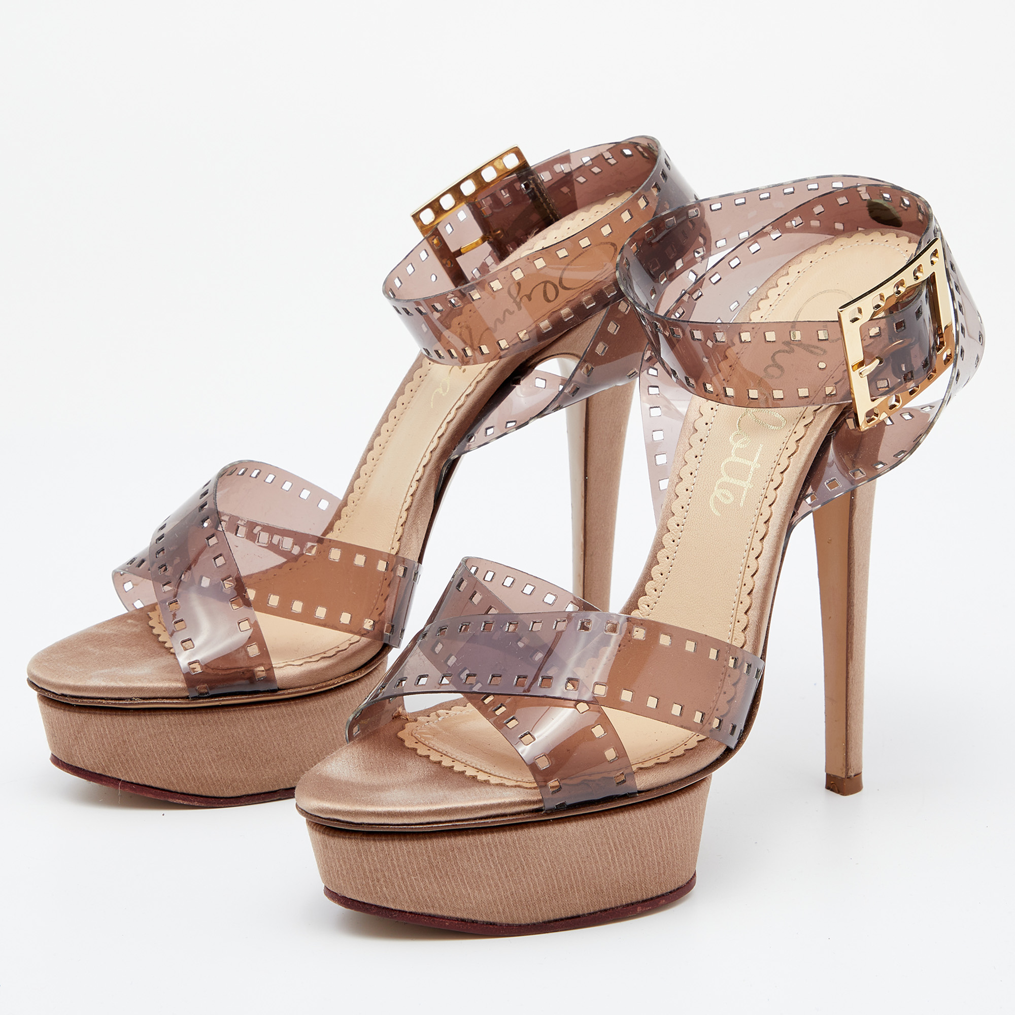 

Charlotte Olympia Beige Vinyl Girls On Film Platform Sandals Size