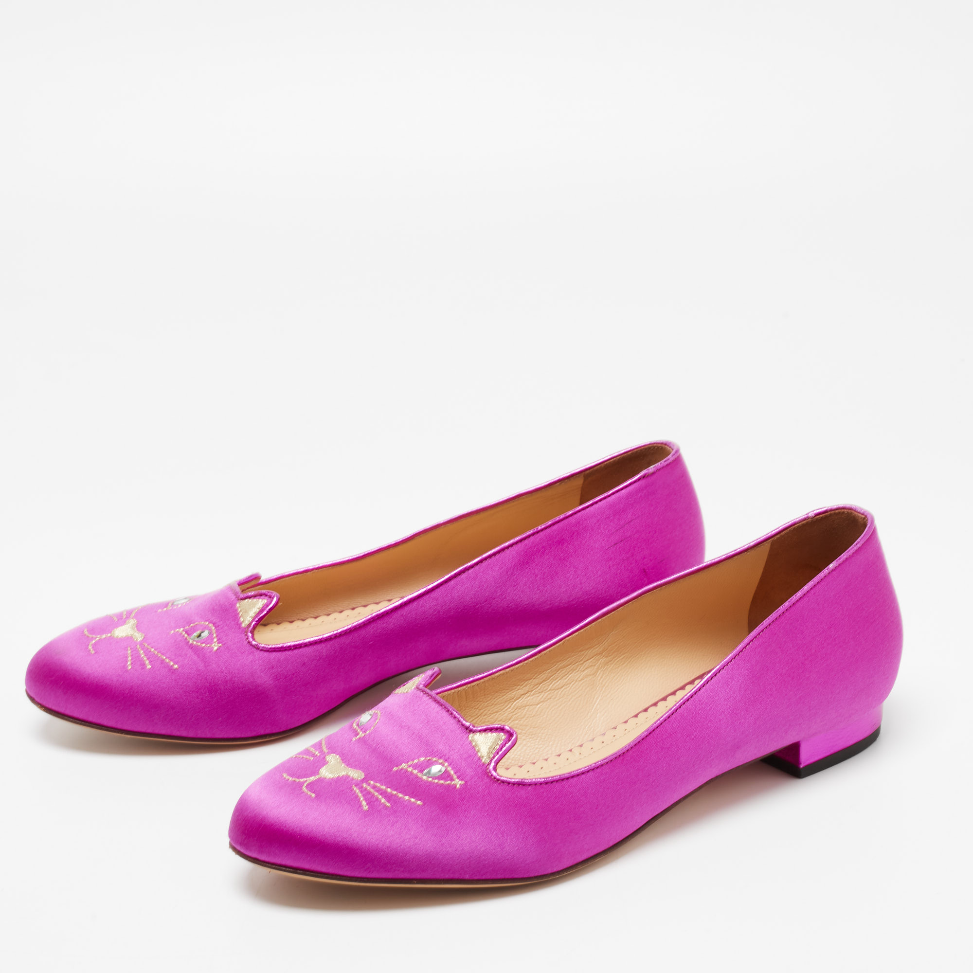 

Charlotte Olympia Pink Satin Kitty Embroidered Ballet Flats Size