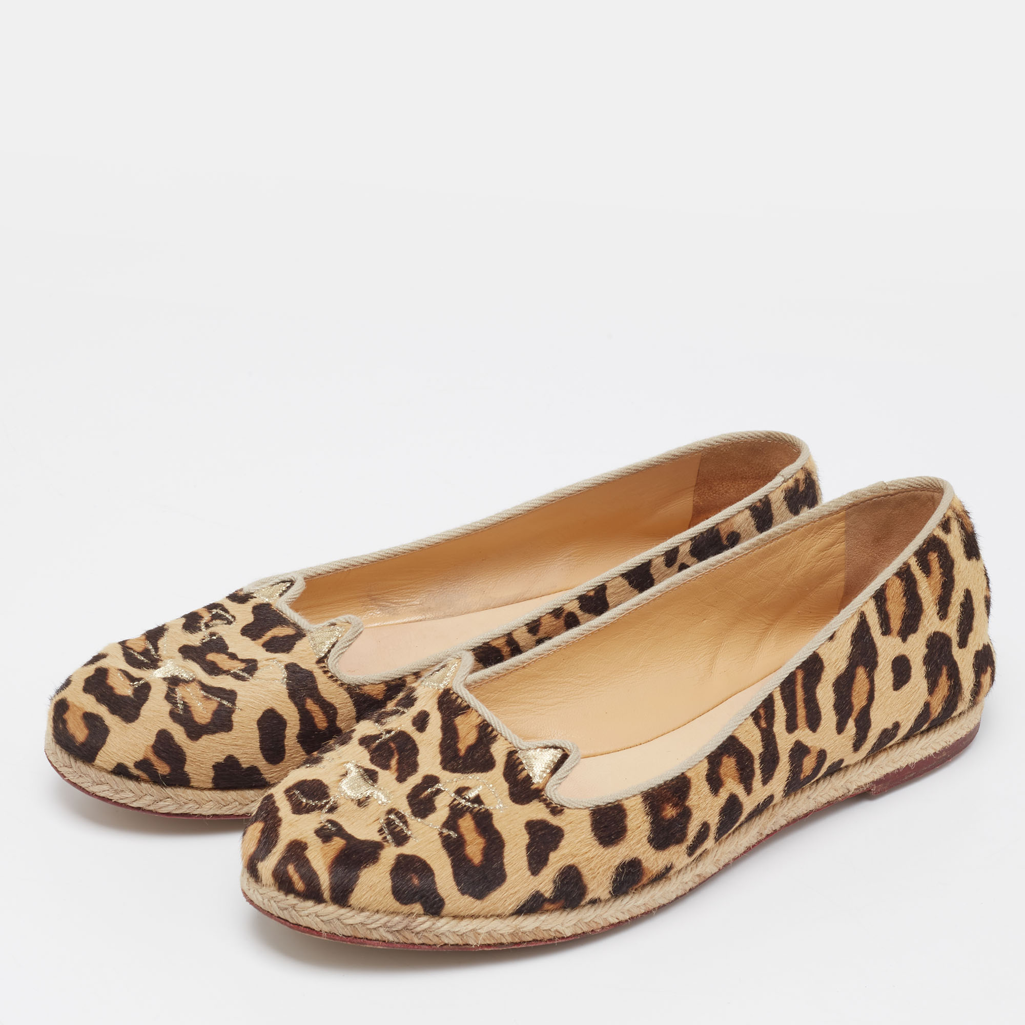 

Charlotte Olympia Beige/Brown Leopard Print Calf Hair kitty Flats Size