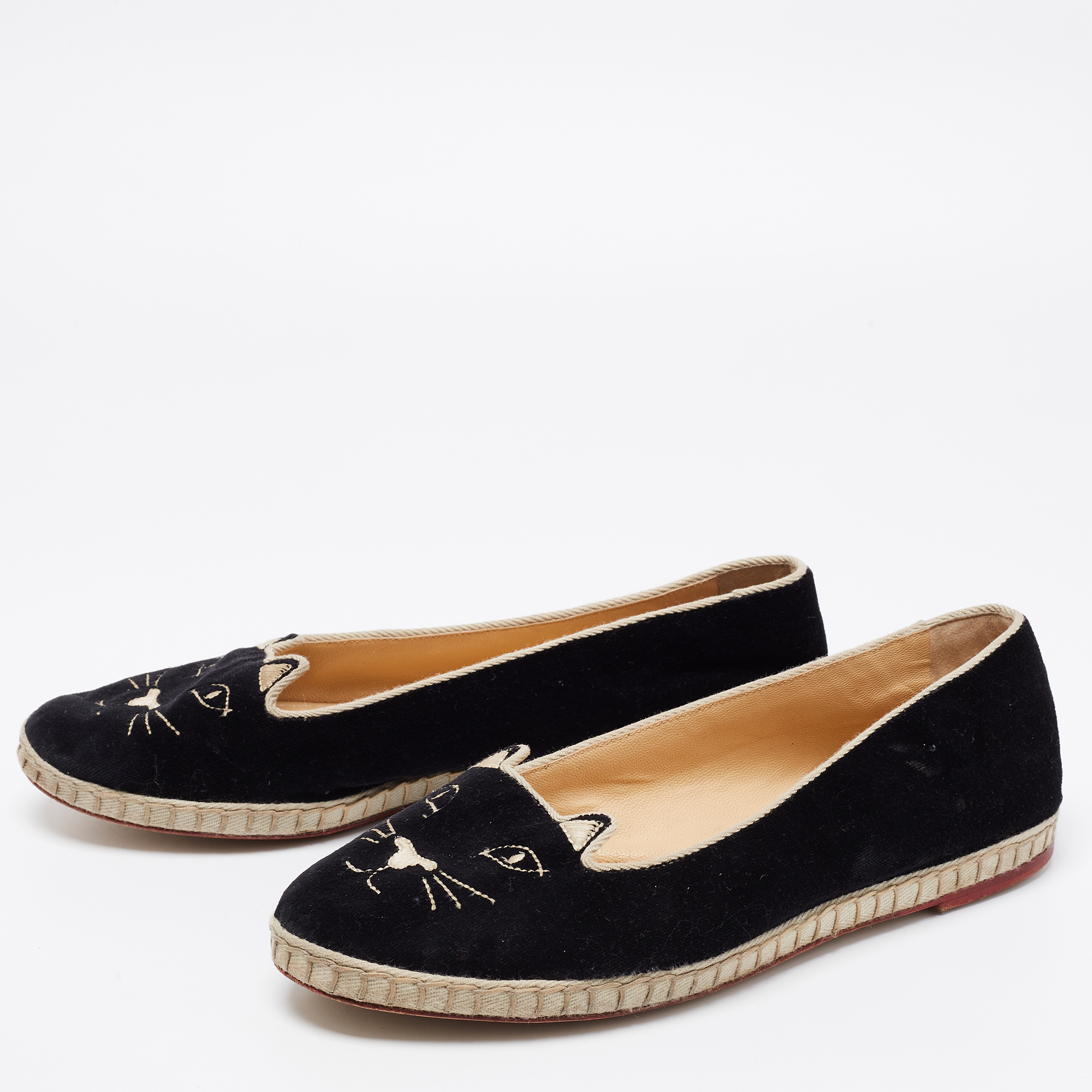 

Charlotte Olympia Black Velvet Kitty Slip On Loafers Size