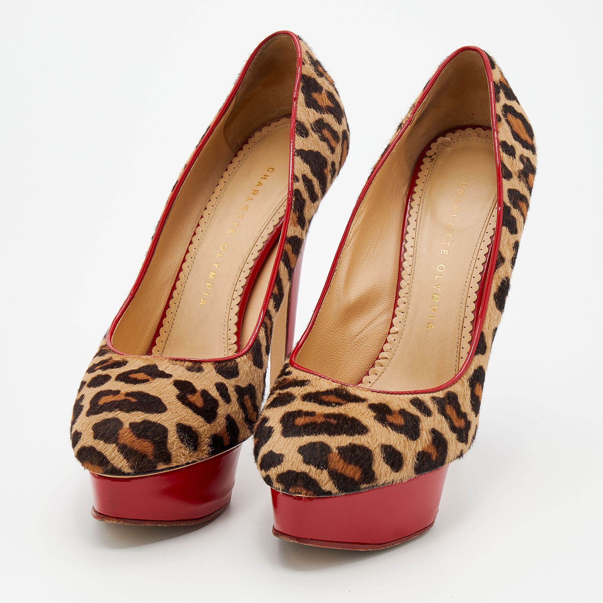 

Charlotte Olympia Brown Leopard Print Calf Hair Polly Platform Pumps Size