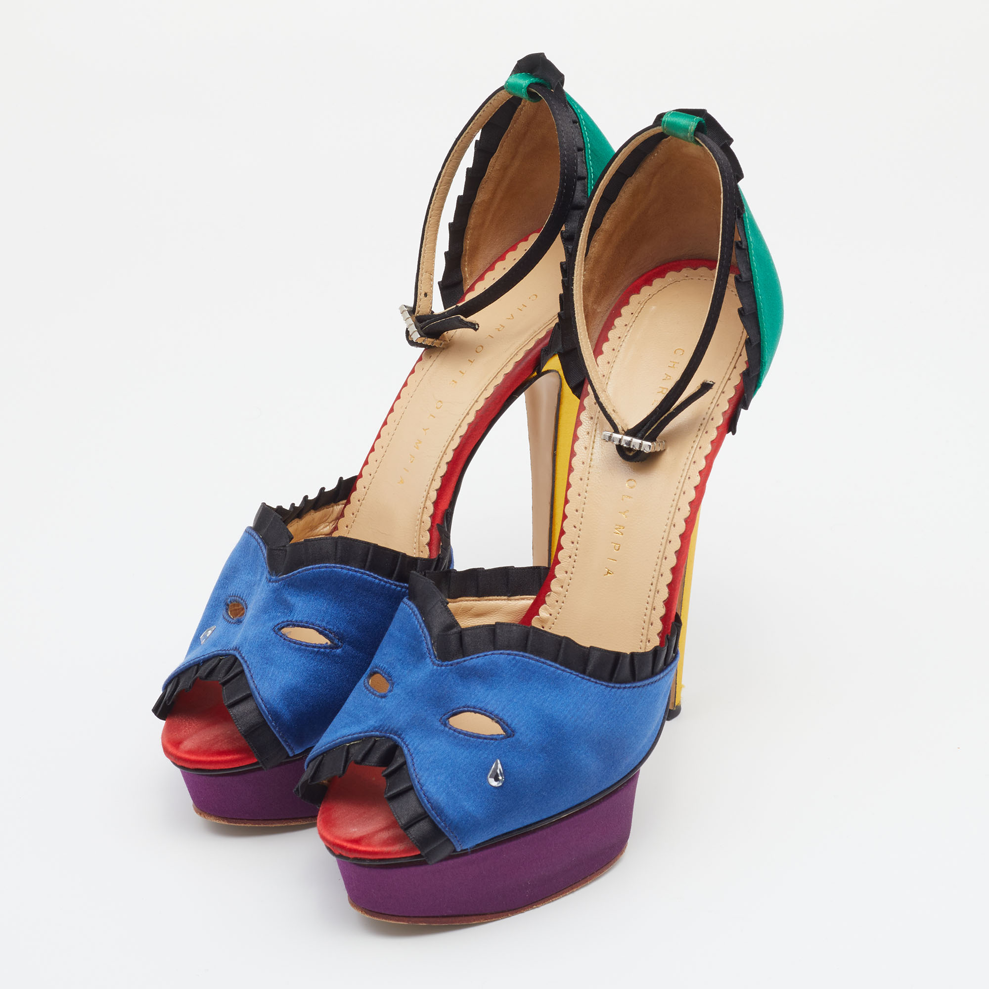 

Charlotte Olympia Multicolor Satin Embellished Platform Ankle Strap Sandals Size