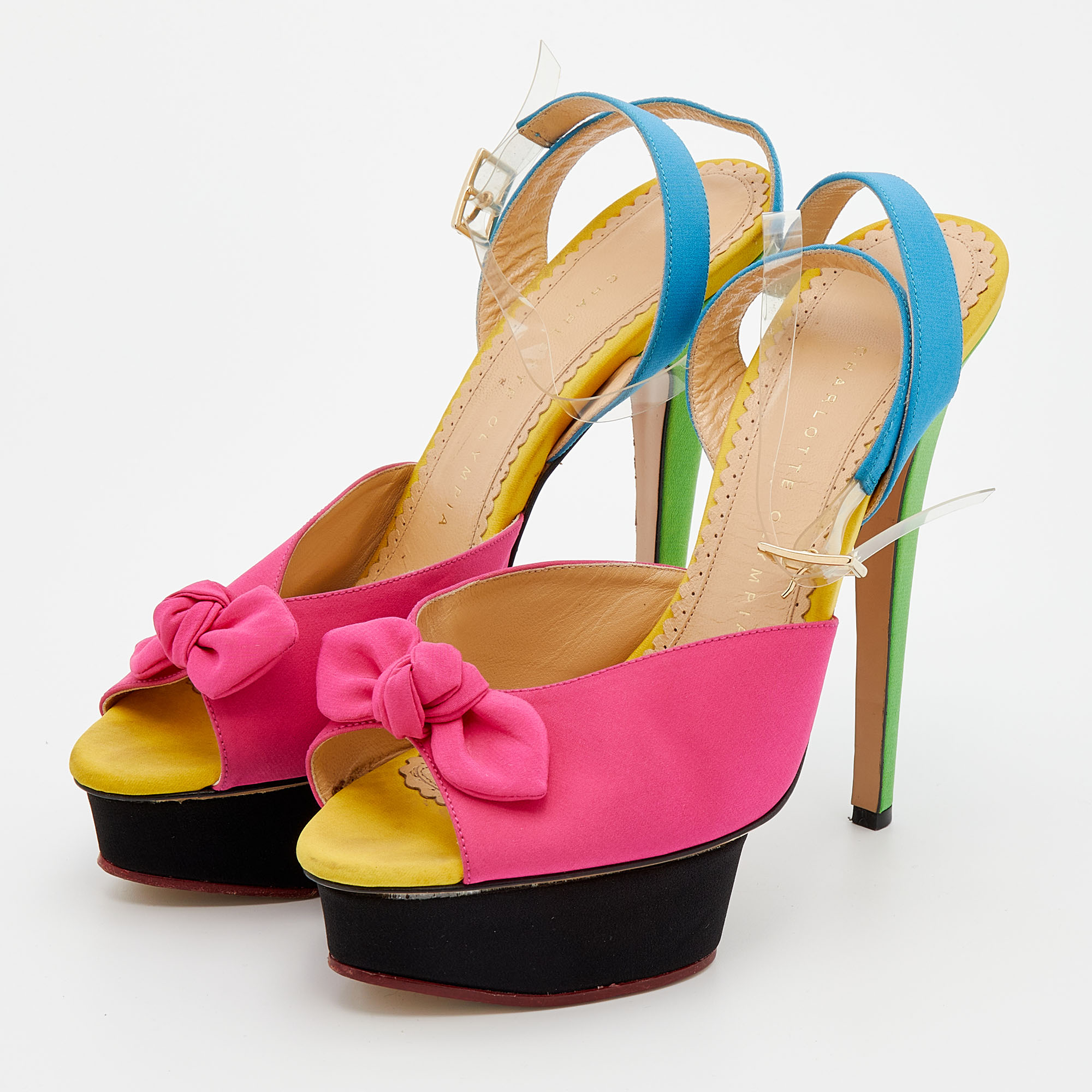 

Charlotte Olympia Pink/Blue Fabric And PVC Bow Platform Ankle Strap Sandals Size