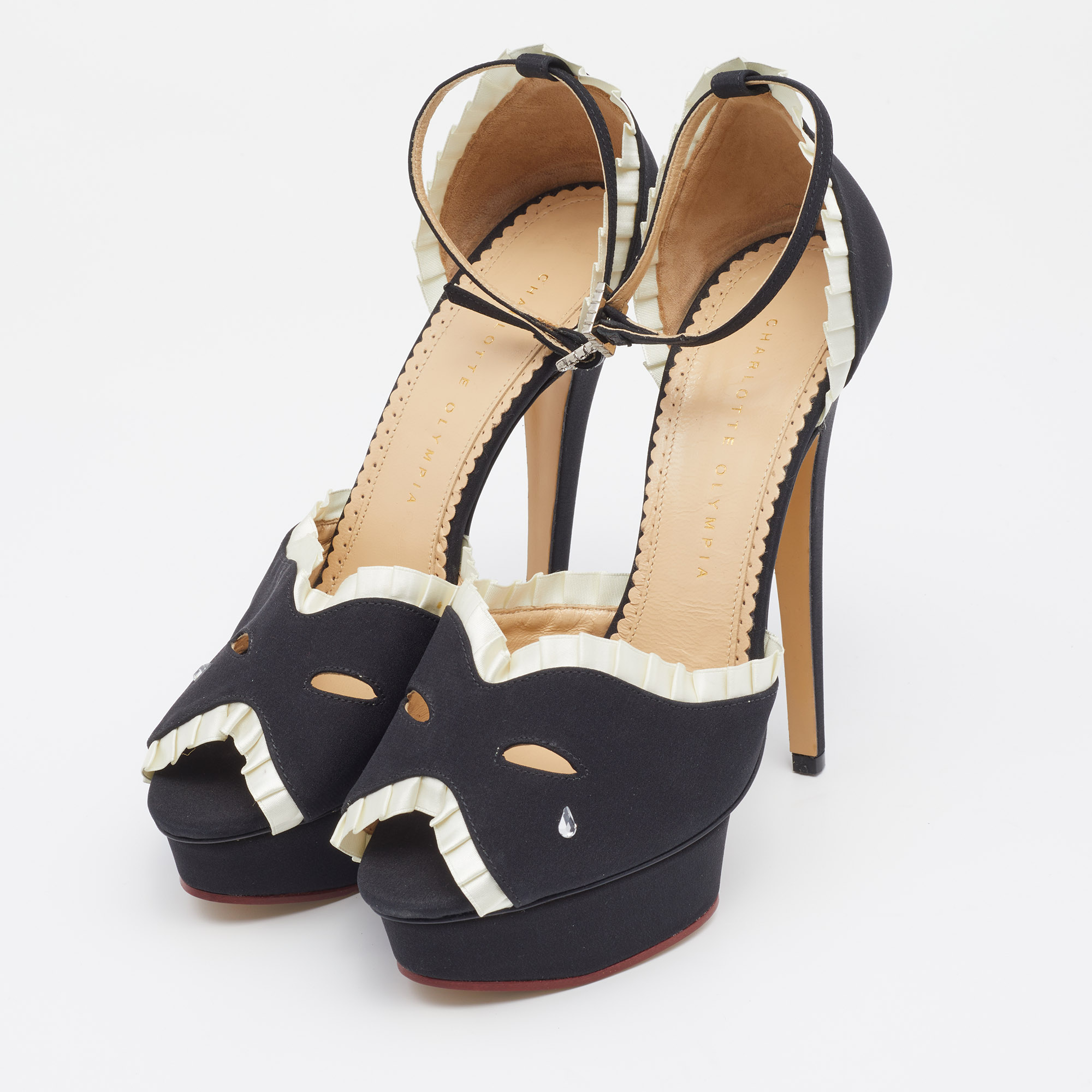

Charlotte Olympia Black Fabric Embellished Platform Ankle Strap Sandals Size