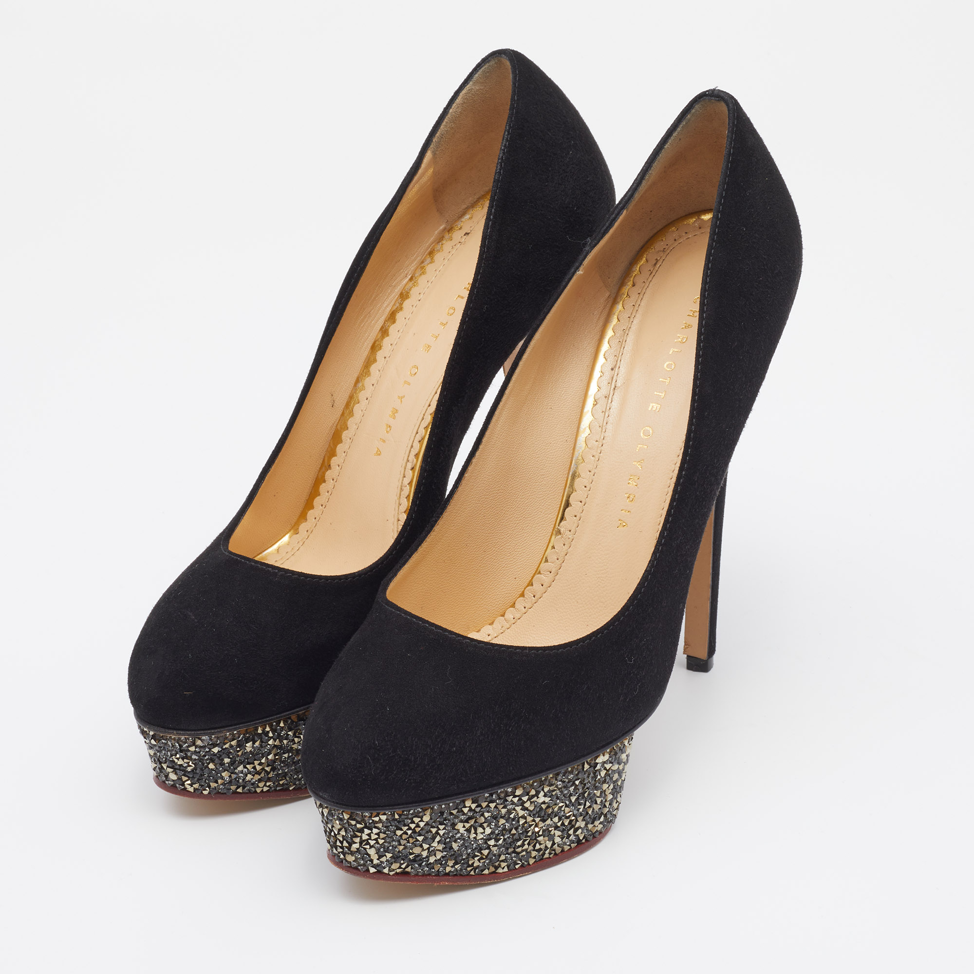 

Charlotte Olympia Black Suede Crystal Embellished Dolly Platform Pumps Size