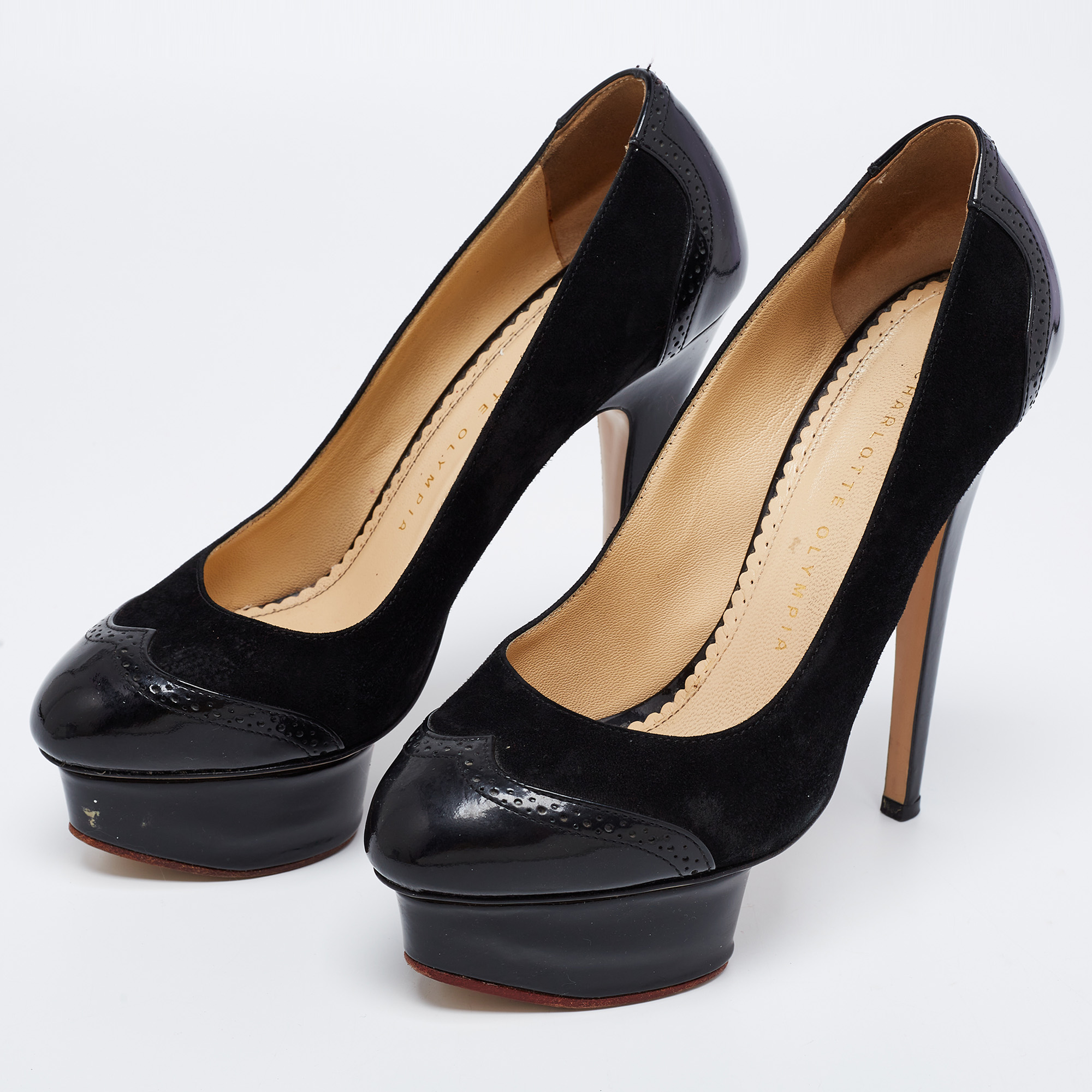 

Charlotte Olympia Black Suede And Patent Leather Dolly Platform Pumps Size
