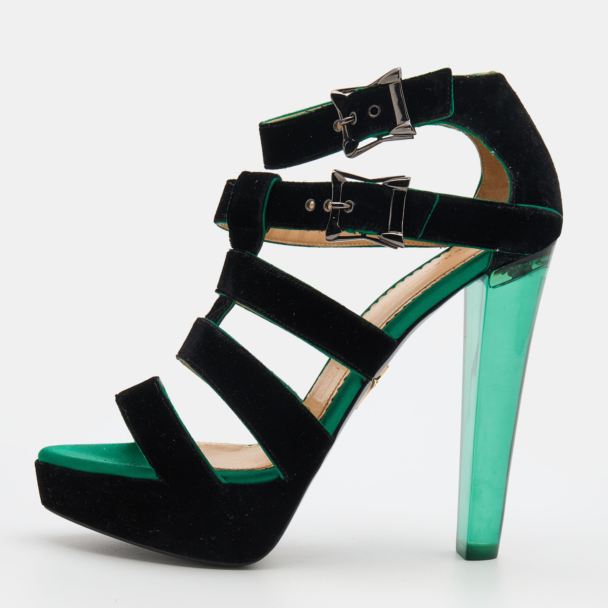 Pre-owned Charlotte Olympia Black Velvet Hortencia Strappy Platform Sandals Size 39