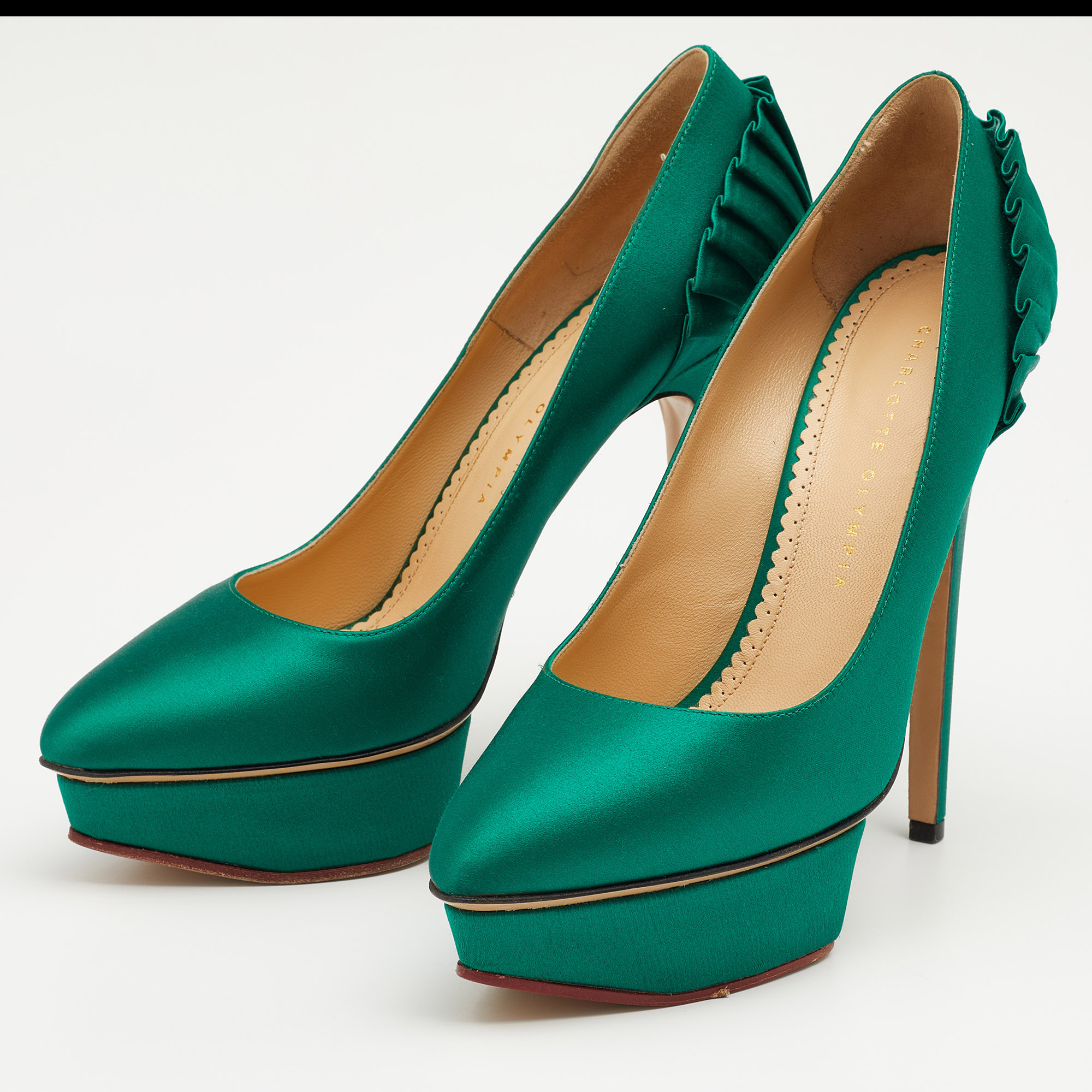 

Charlotte Olympia Green Satin Paloma Platform Pumps Size