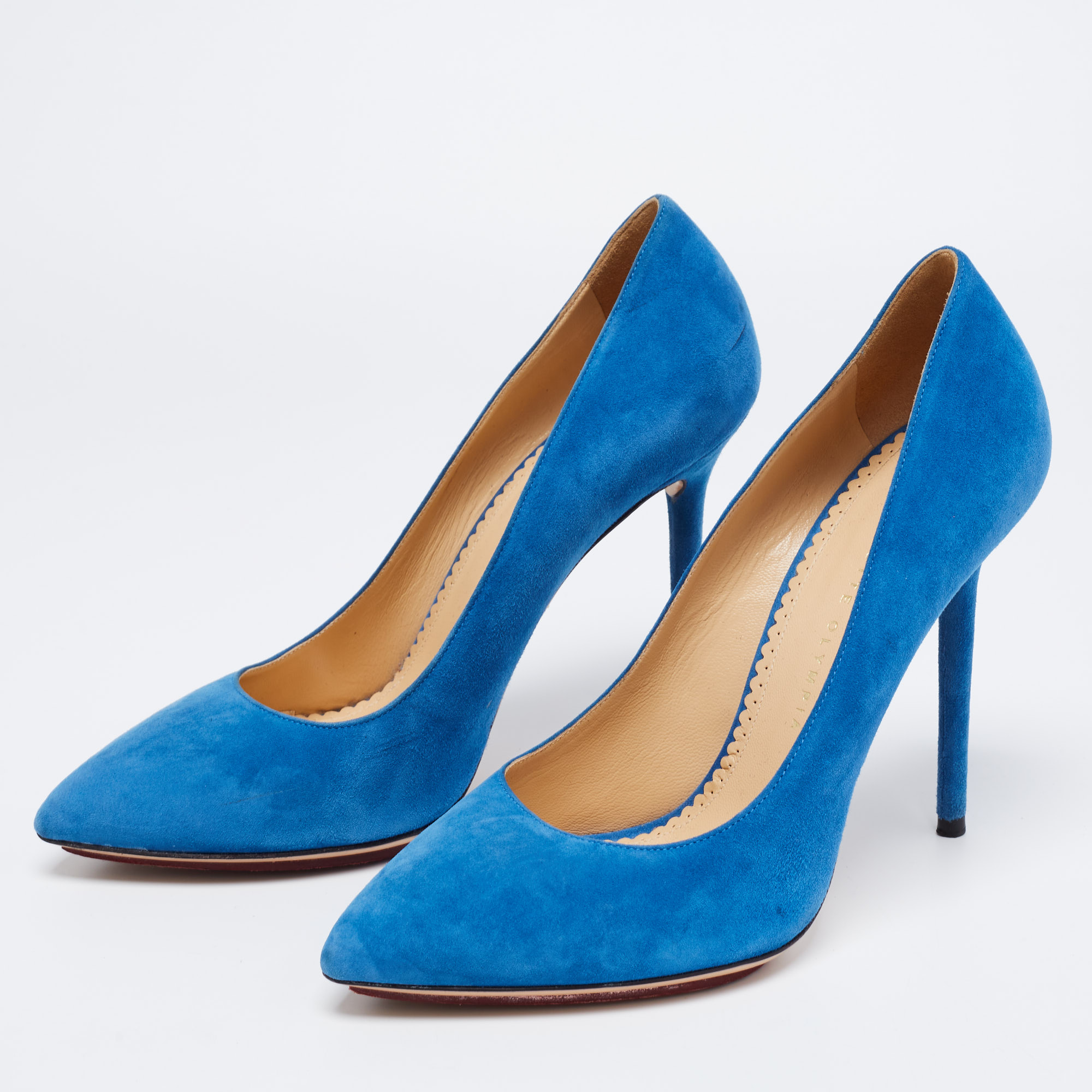 

Charlotte Olympia Blue Suede Monroe Pointed Toe Pumps Size