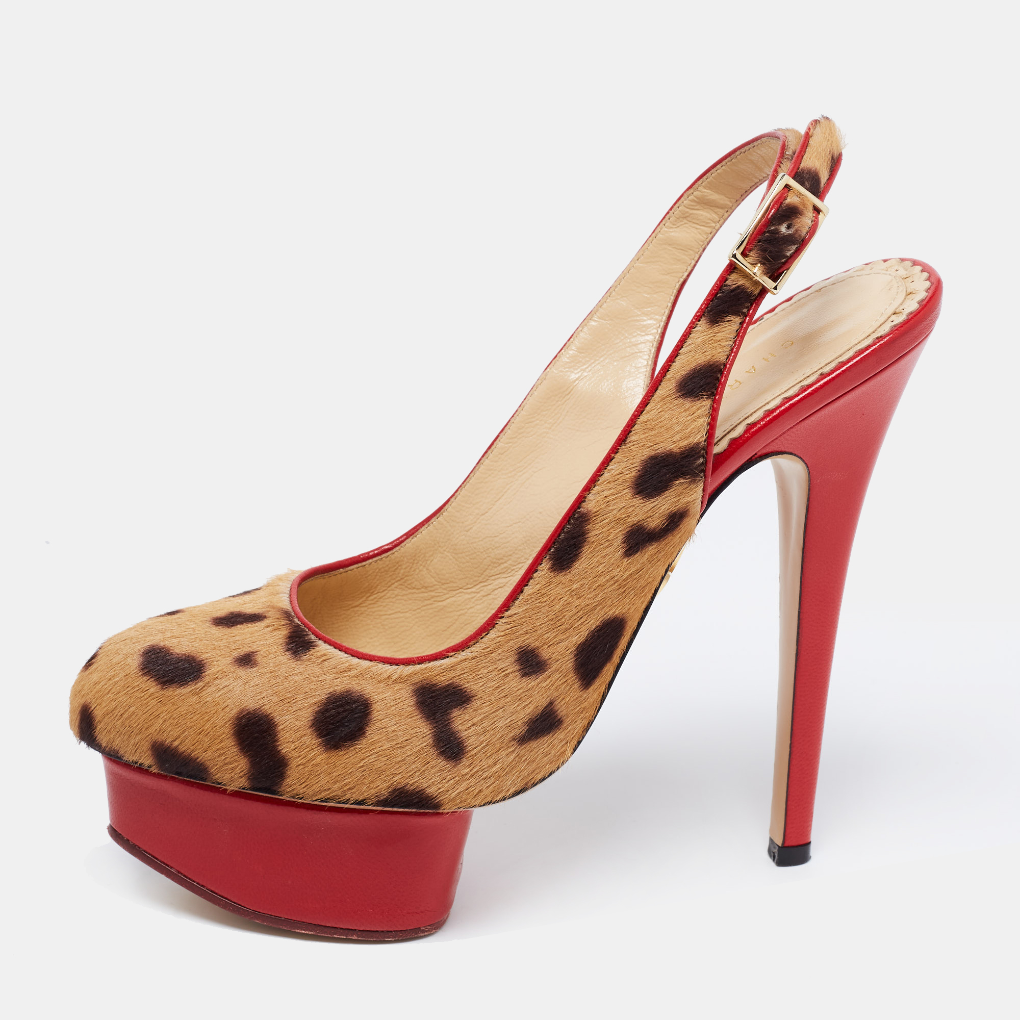 

Charlotte Olympia Red/Brown Leopard Calf Hair And Leather Dolly Slingback Pumps Size