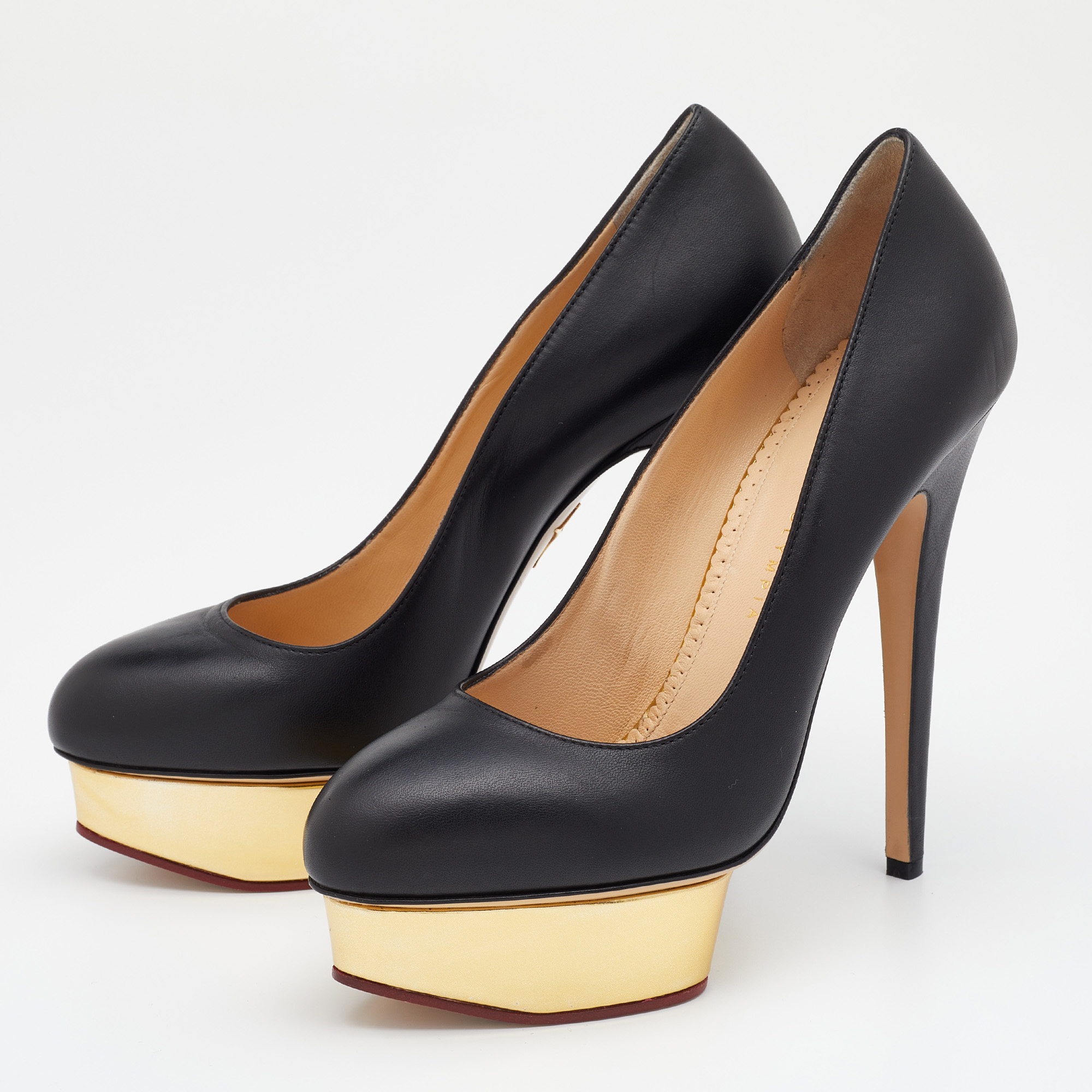 

Charlotte Olympia Black Leather Dolly Platform Pumps Size