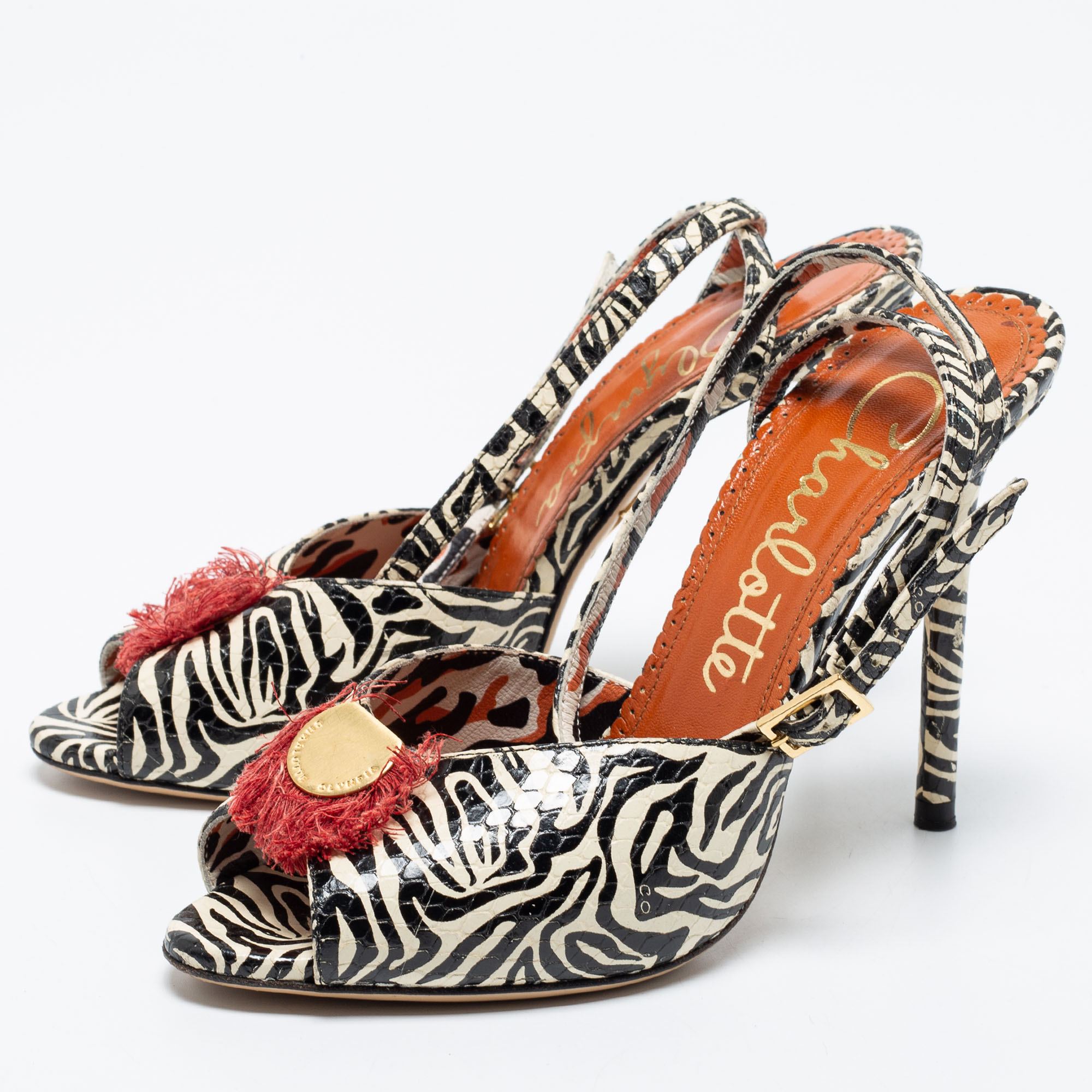 

Charlotte Olympia Black/White Zebra Print Python Embossed Leather Ankle Strap Sandals Size