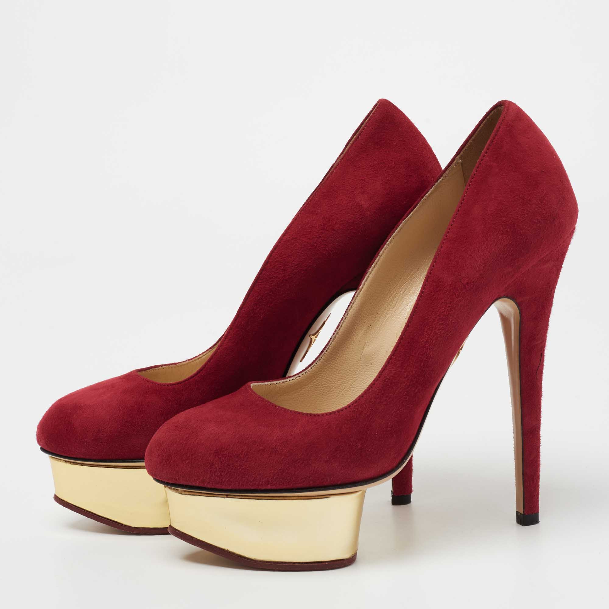 

Charlotte Olympia Deep Red Suede Dolly Platform Pumps Size