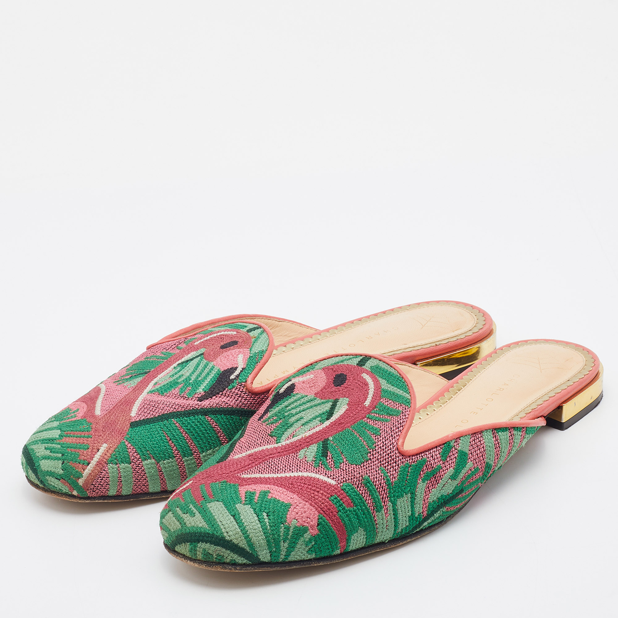 

Charlotte Olympia Multicolor Flamingo Embroidered Fabric Flat Mules Size