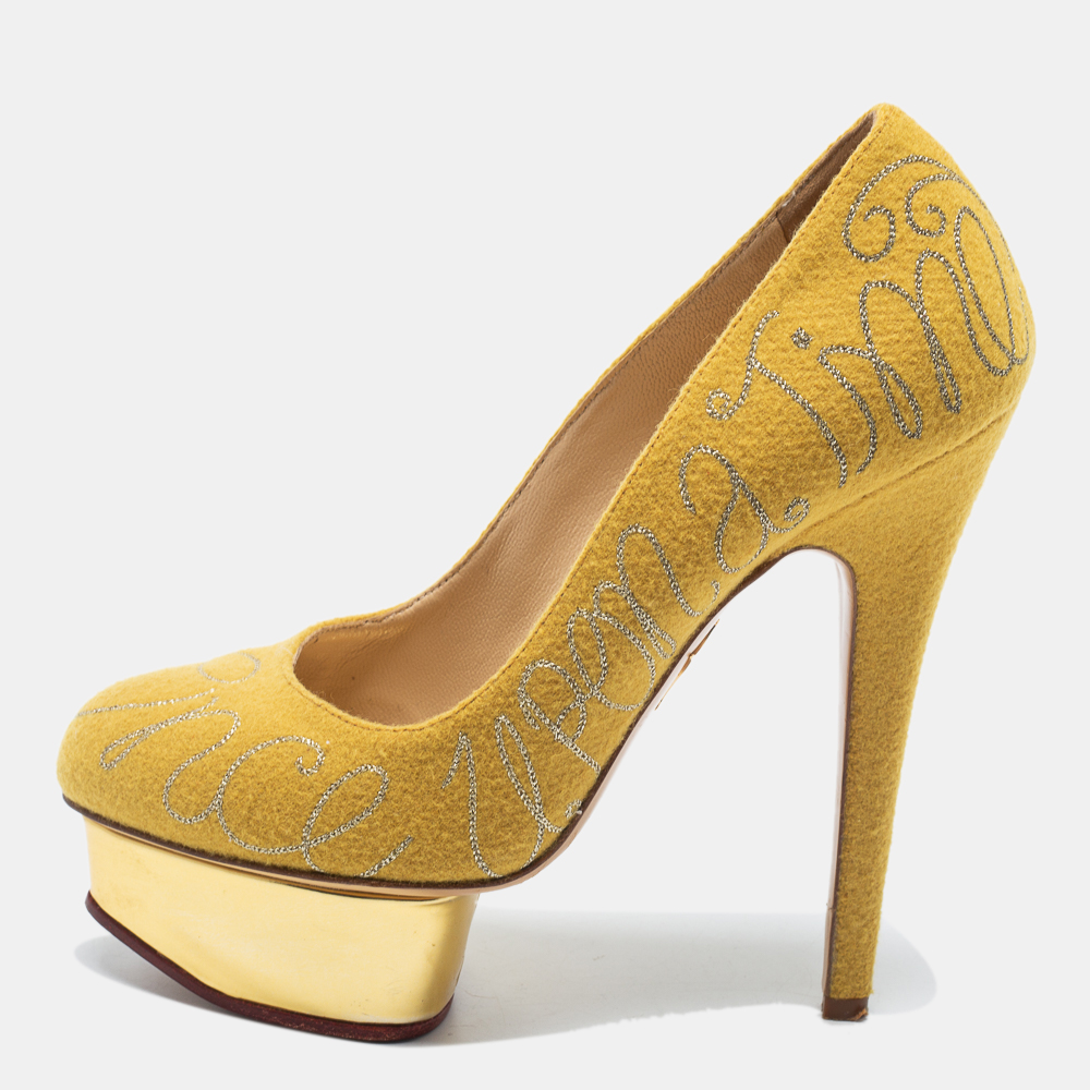 

Charlotte Olympia Mustard Yellow Cotton Embroidered Felt Dolly Platform Pumps Size