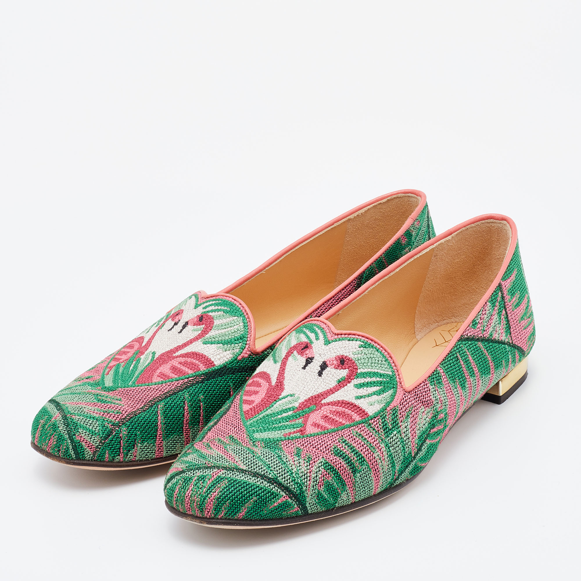 

Charlotte Olympia Multicolor Embroidered Canvas Flamingo Smoking Slippers Size