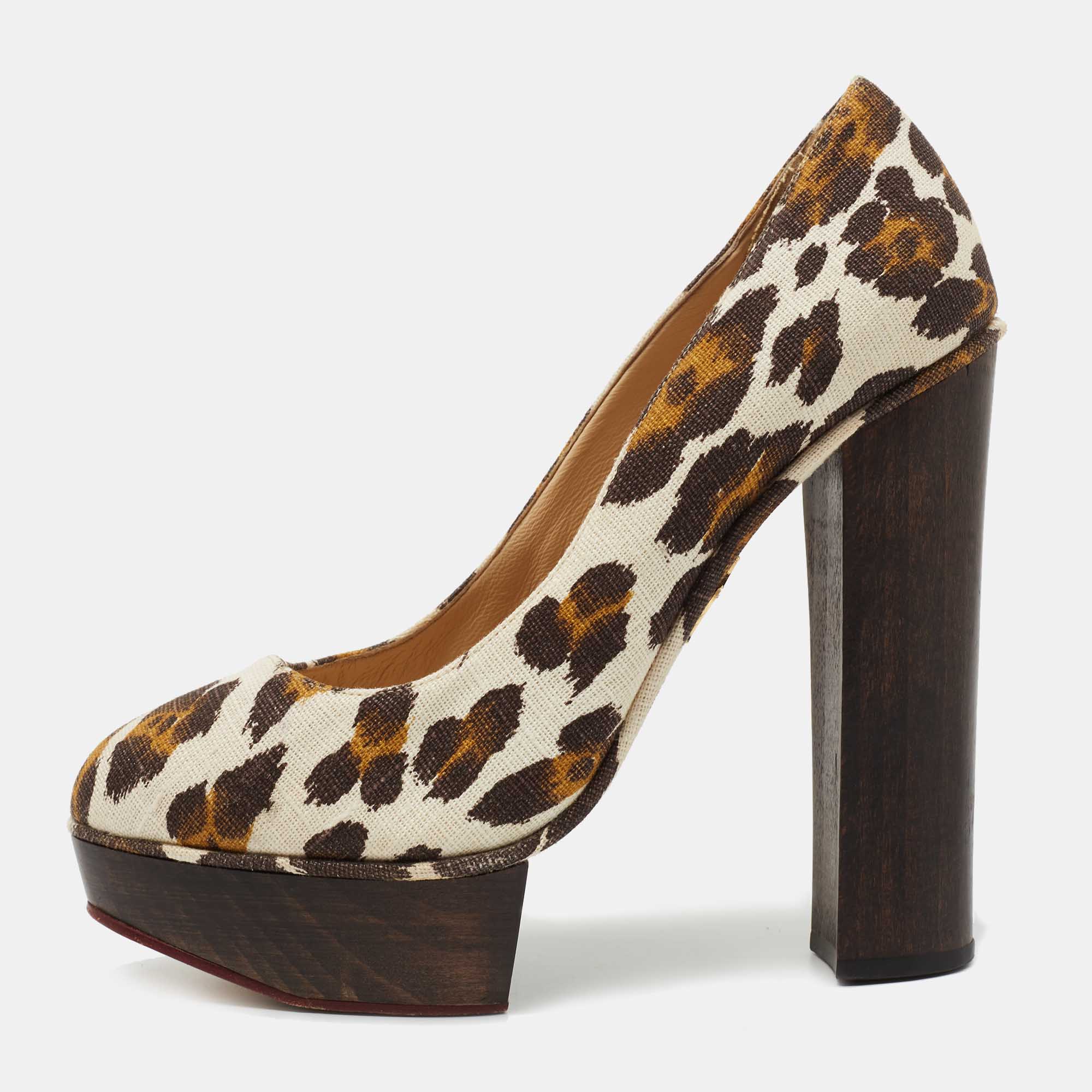 Pre-owned Charlotte Olympia Brown Canvas Leopard Print Platform Pumps Size 40