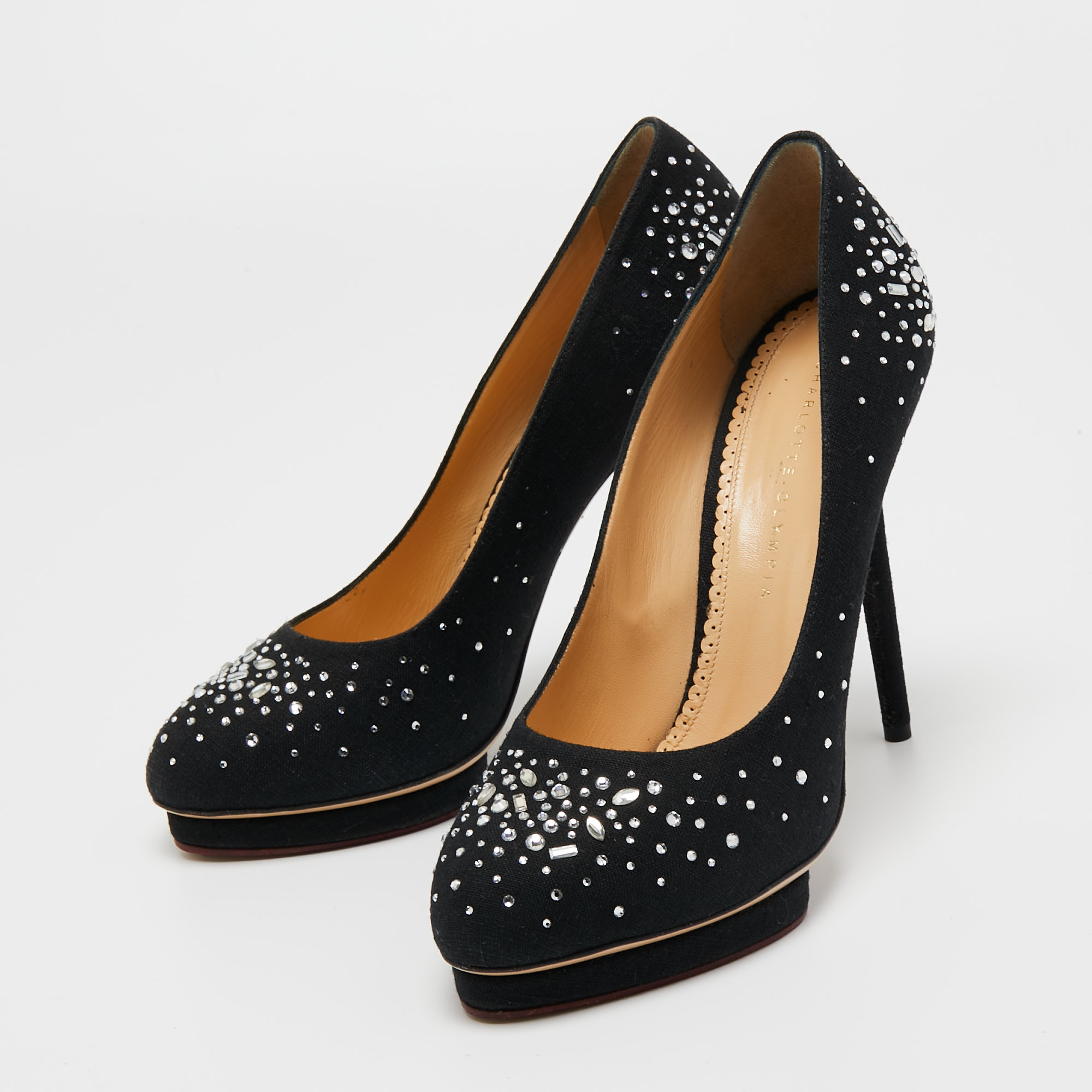 

Charlotte Olympia Black Canvas Embellished Pointed Toe Pumps Size