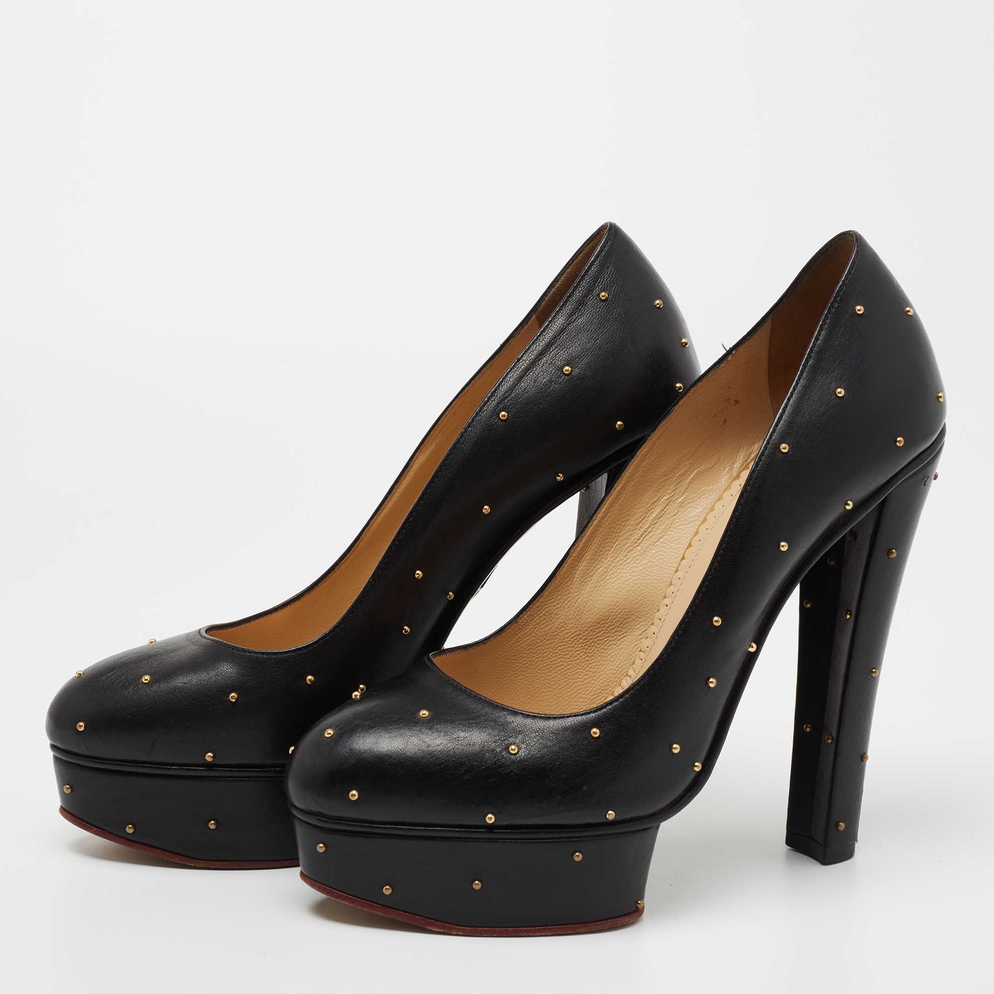 

Charlotte Olympia Black Leather Studded Block Heel Pumps Size, Blue