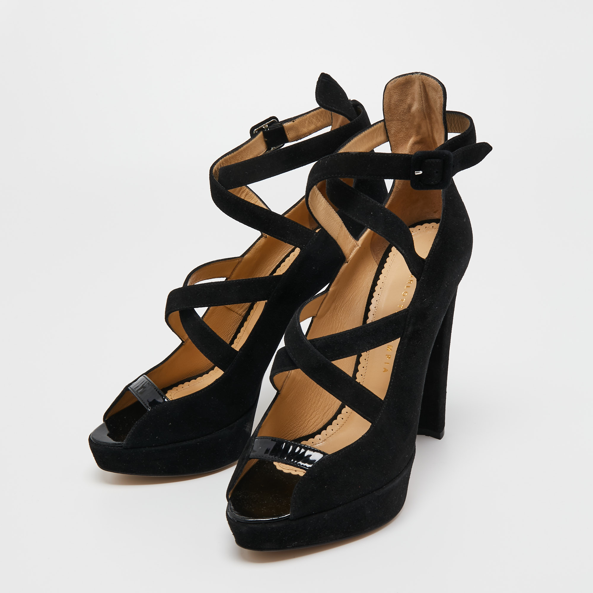 

Charlotte Olympia Black Suede Strappy Sandals Size