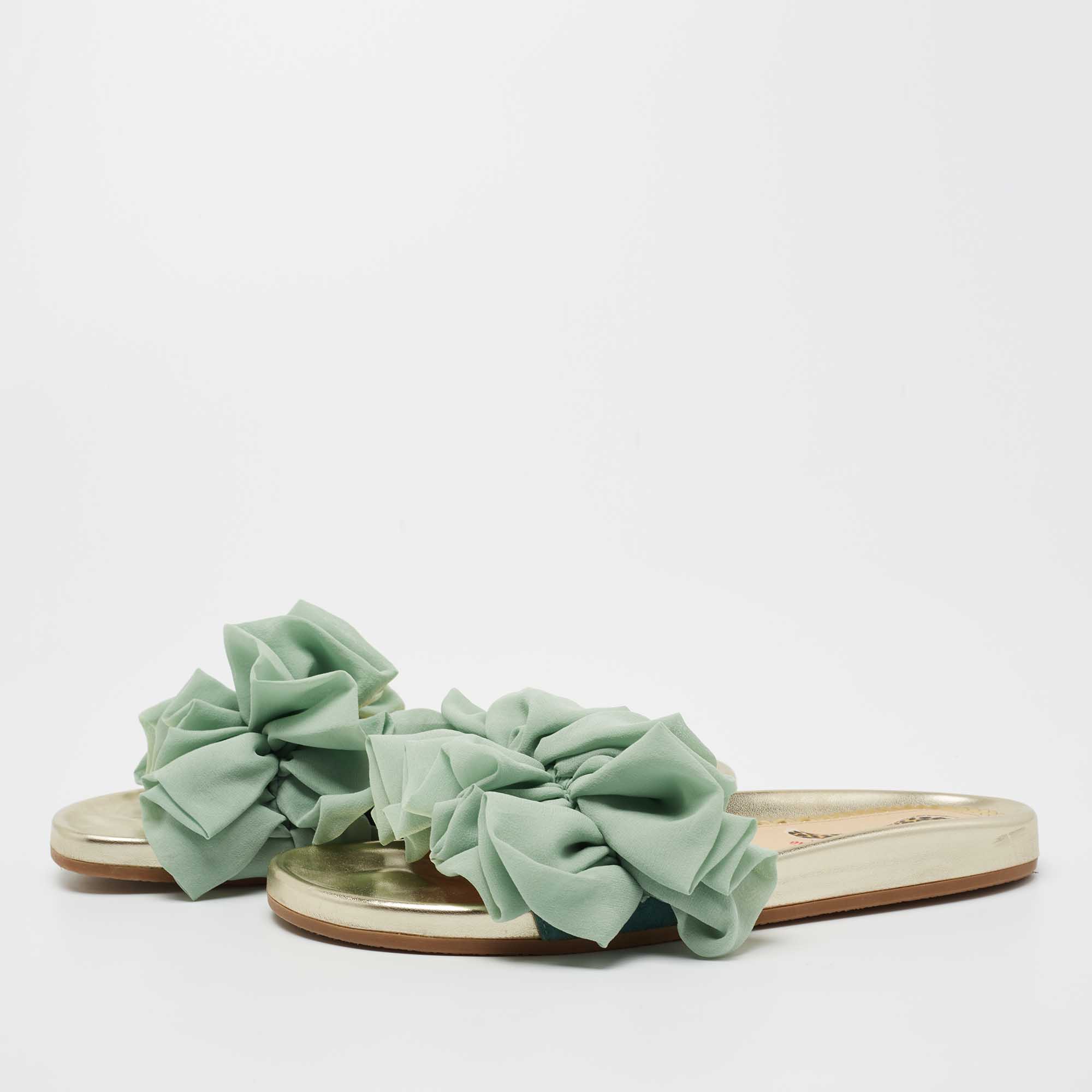 

Charlotte Olympia Green Suede and Fabric Knotted Bow Slides Size