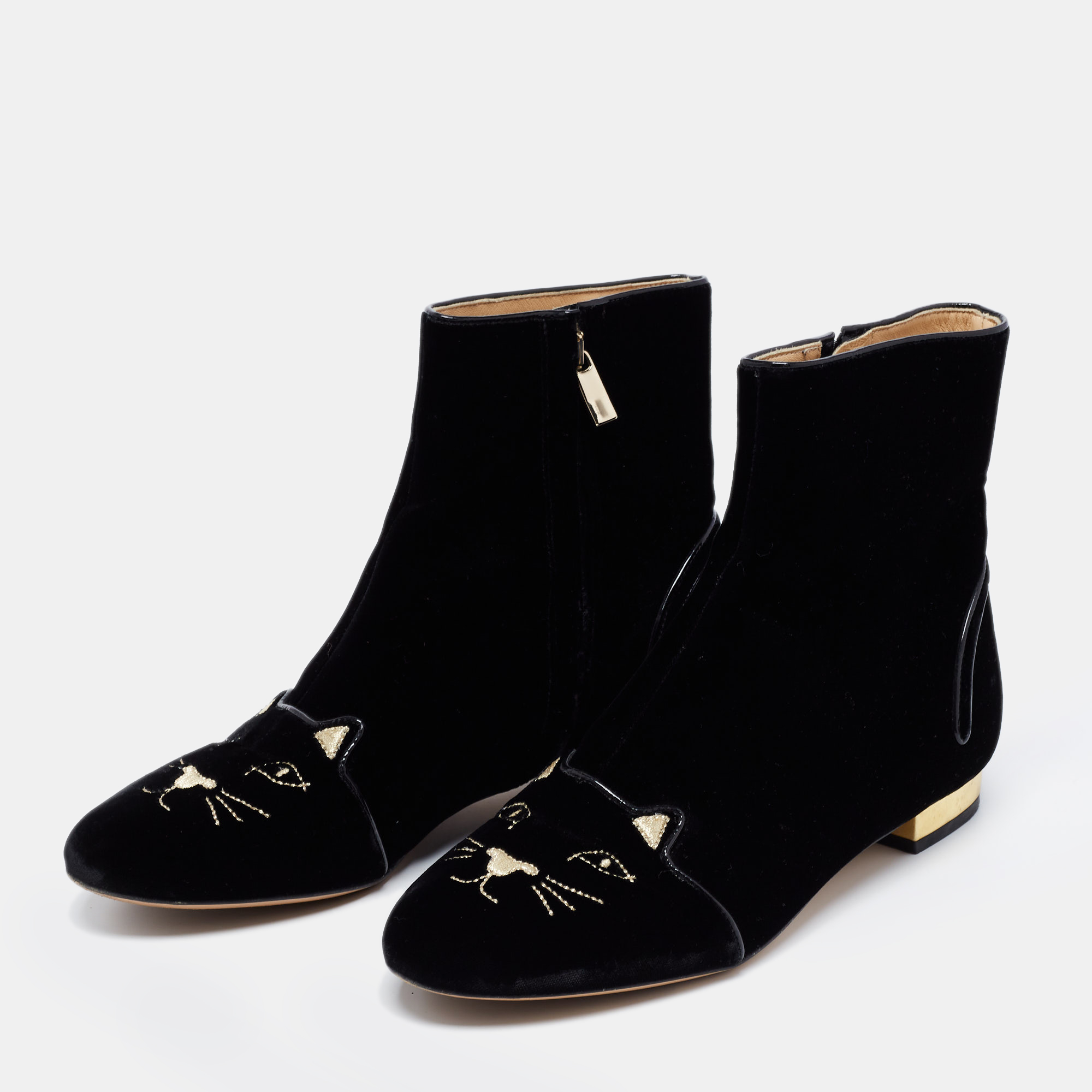 

Charlotte Olympia Black Velvet Cat Embroidered Ankle Boots Size