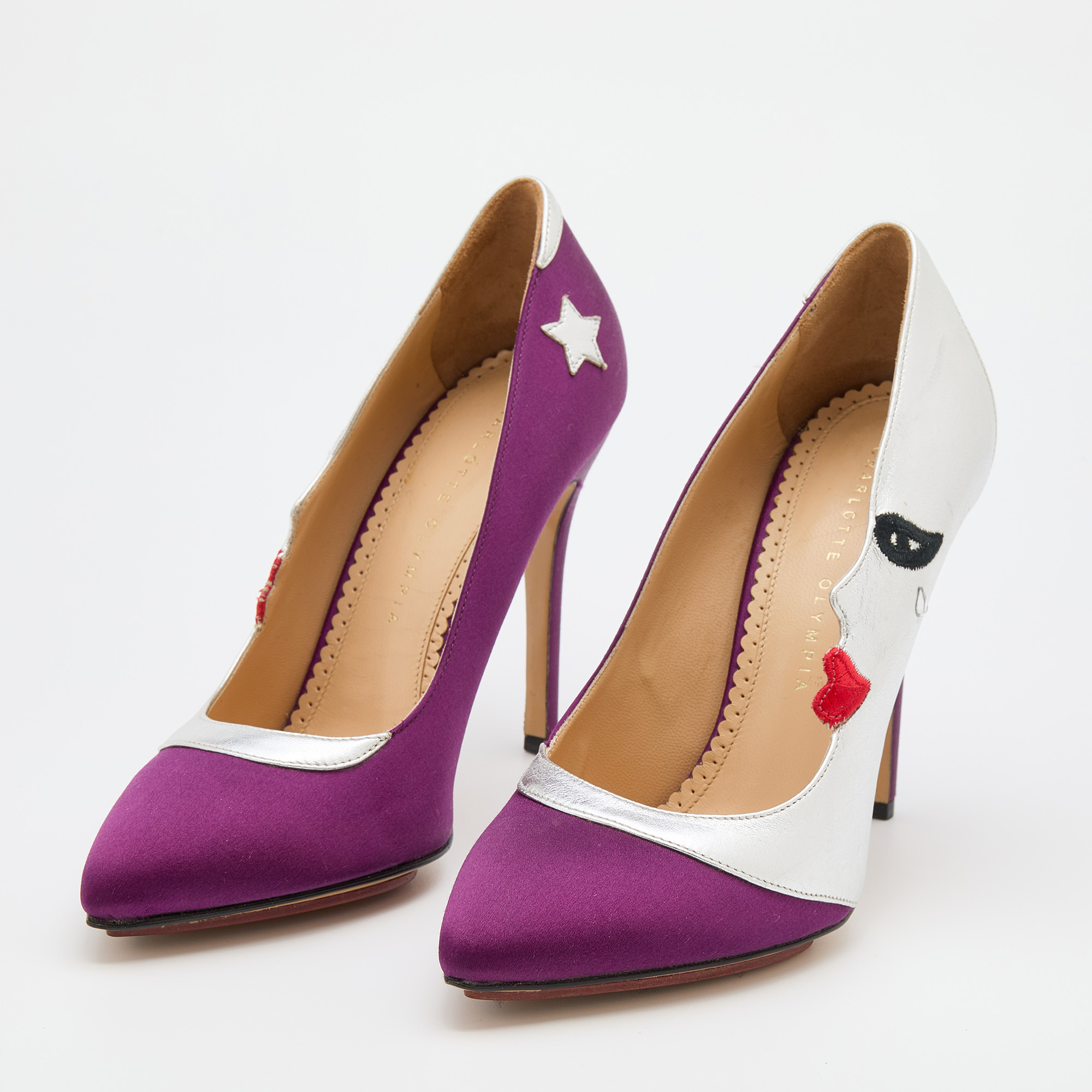 

Charlotte Olympia Purple/Silver Satin And Leather Luna Eclipse Pumps Size