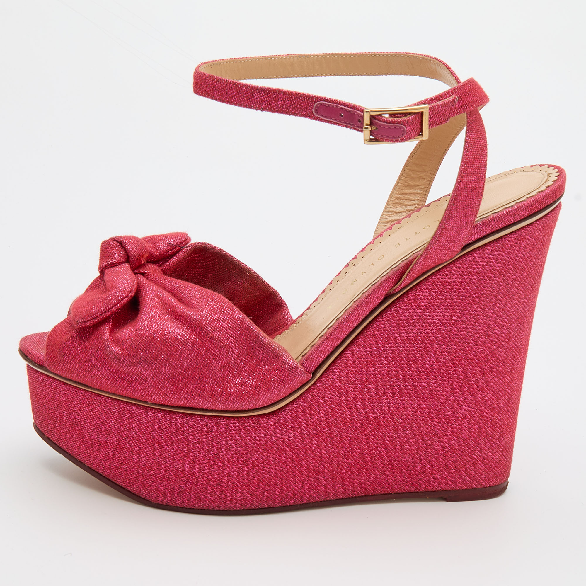 Pre-owned Charlotte Olympia Pink Glitter Fabric Velour Wedge Platform Sandals Size 39