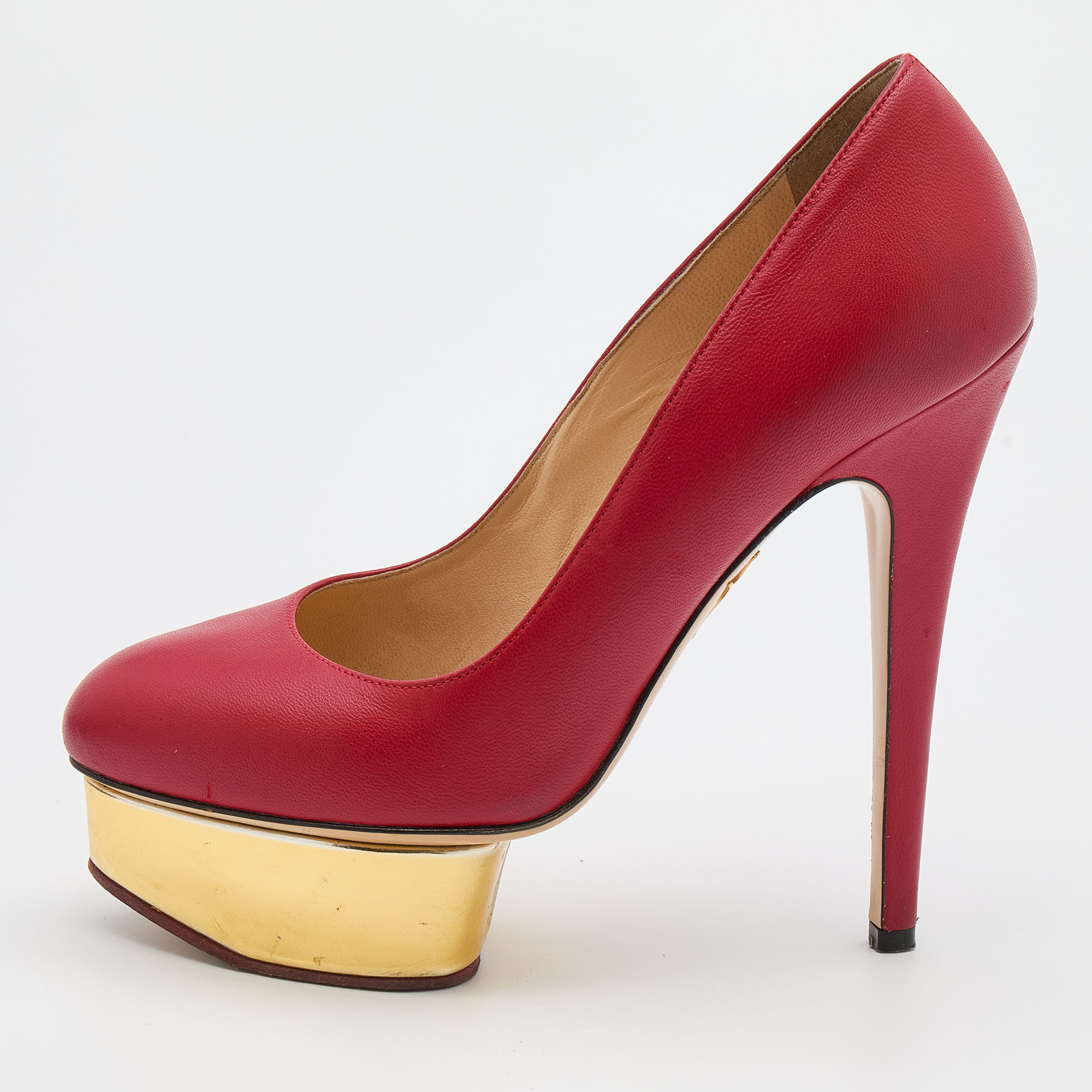 Pre-owned Charlotte Olympia Red Leather Dolly Platform Pumps Size 37