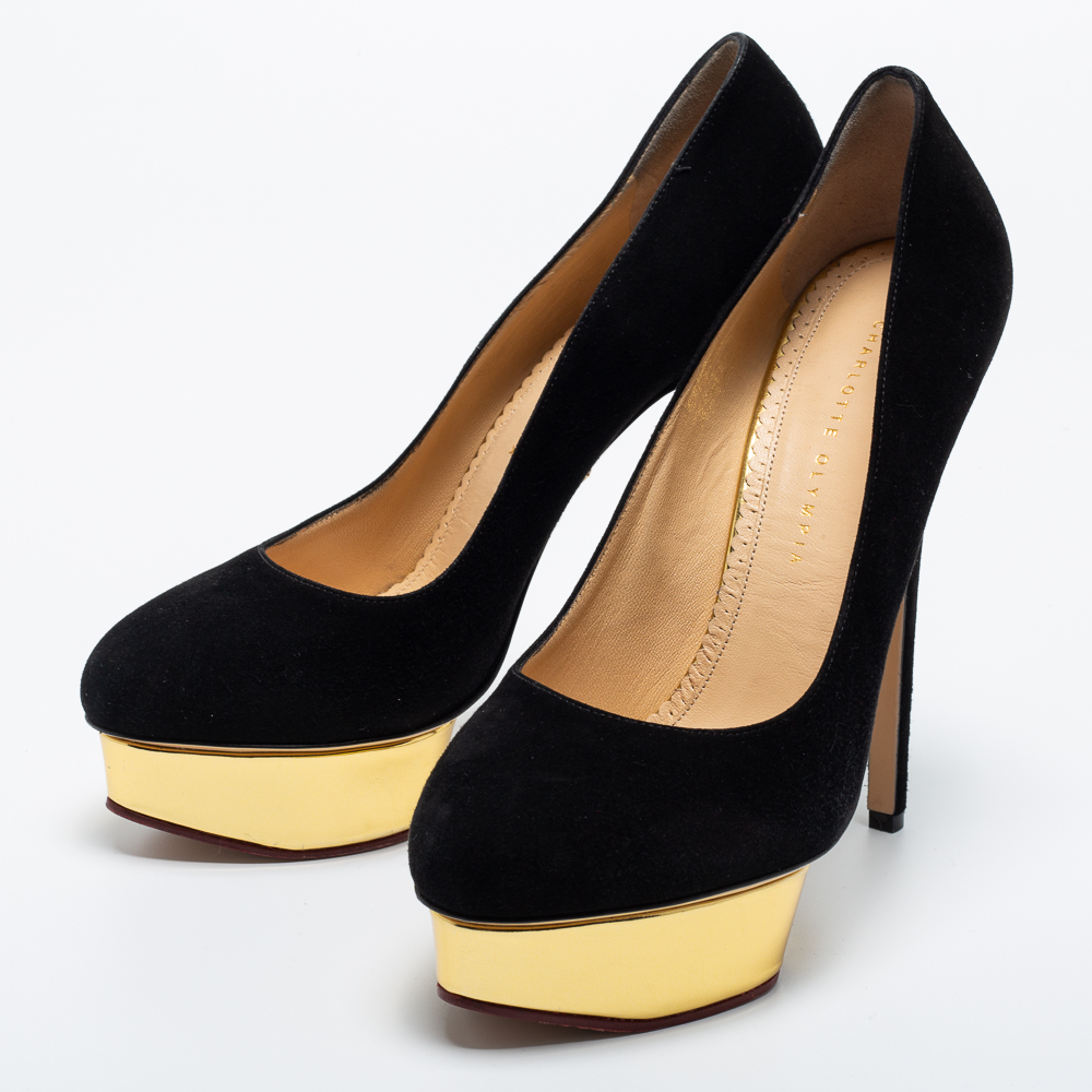 

Charlotte Olympia Black Suede Dolly Platform Pumps Size