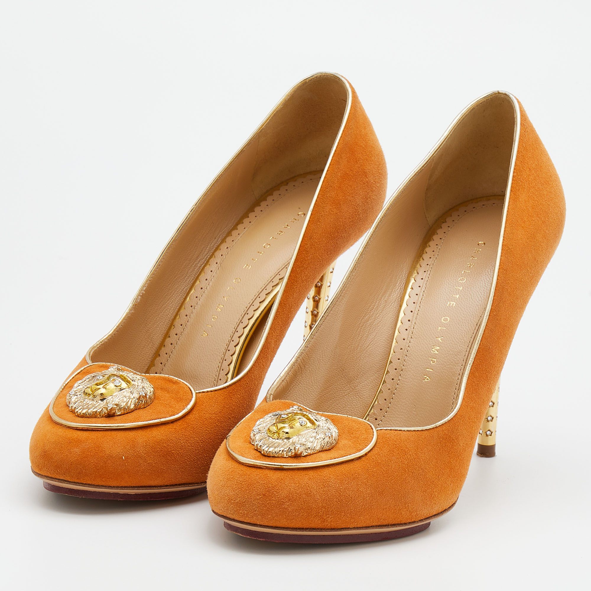 

Charlotte Olympia Orange Suede Embellished Pumps Size