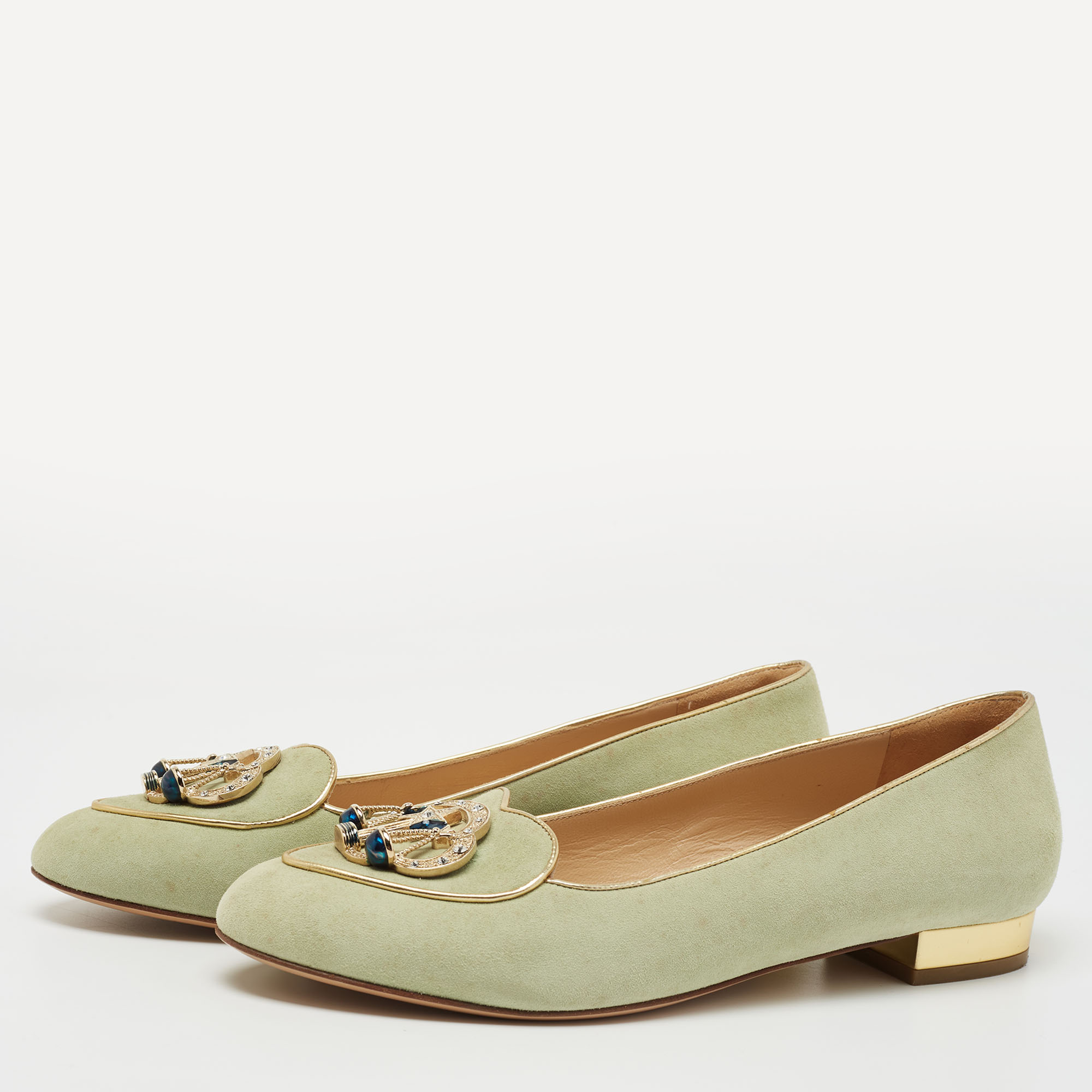 

Charlotte Olympia Mint Green Suede Gemini Smoking Slippers Size